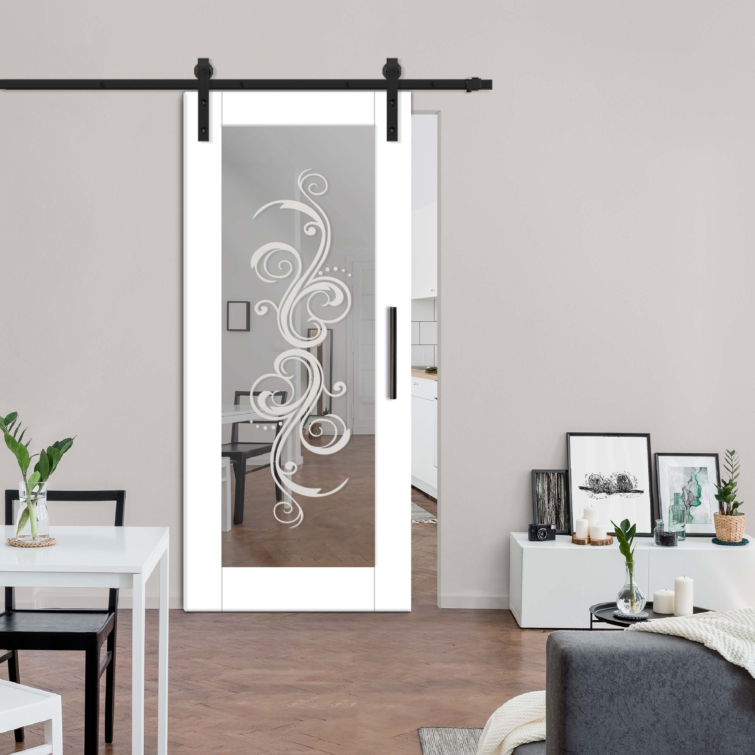 Sliding Barn Door with mirror insert (frosted design) and carbon steel sliding system