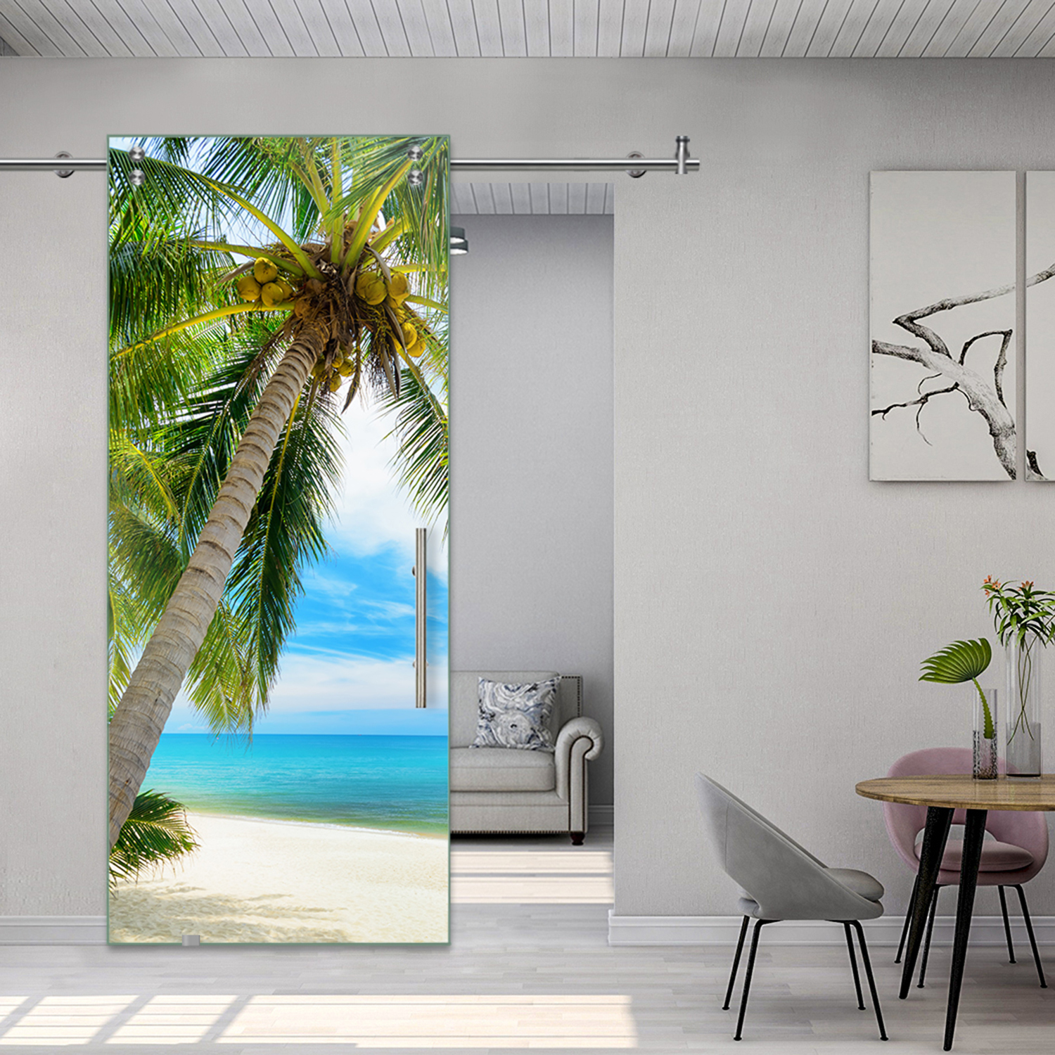 Digital Printing Sliding Barn Glass Door with Stainless Steel Hardware & T-handle (Caribbean Beach)