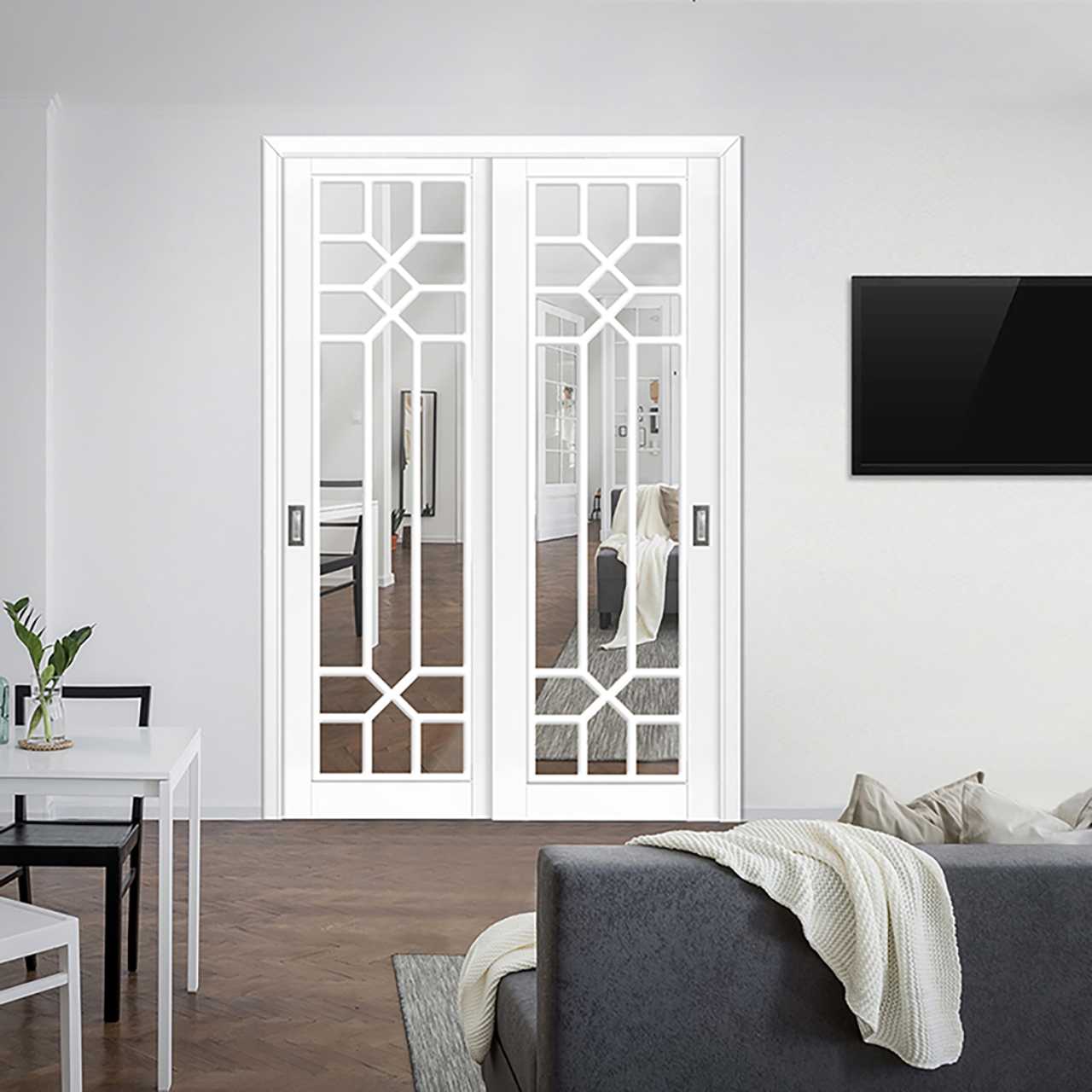Panel Mirrored Bypass Closet Door with Geometric Grilles MCDO-8509