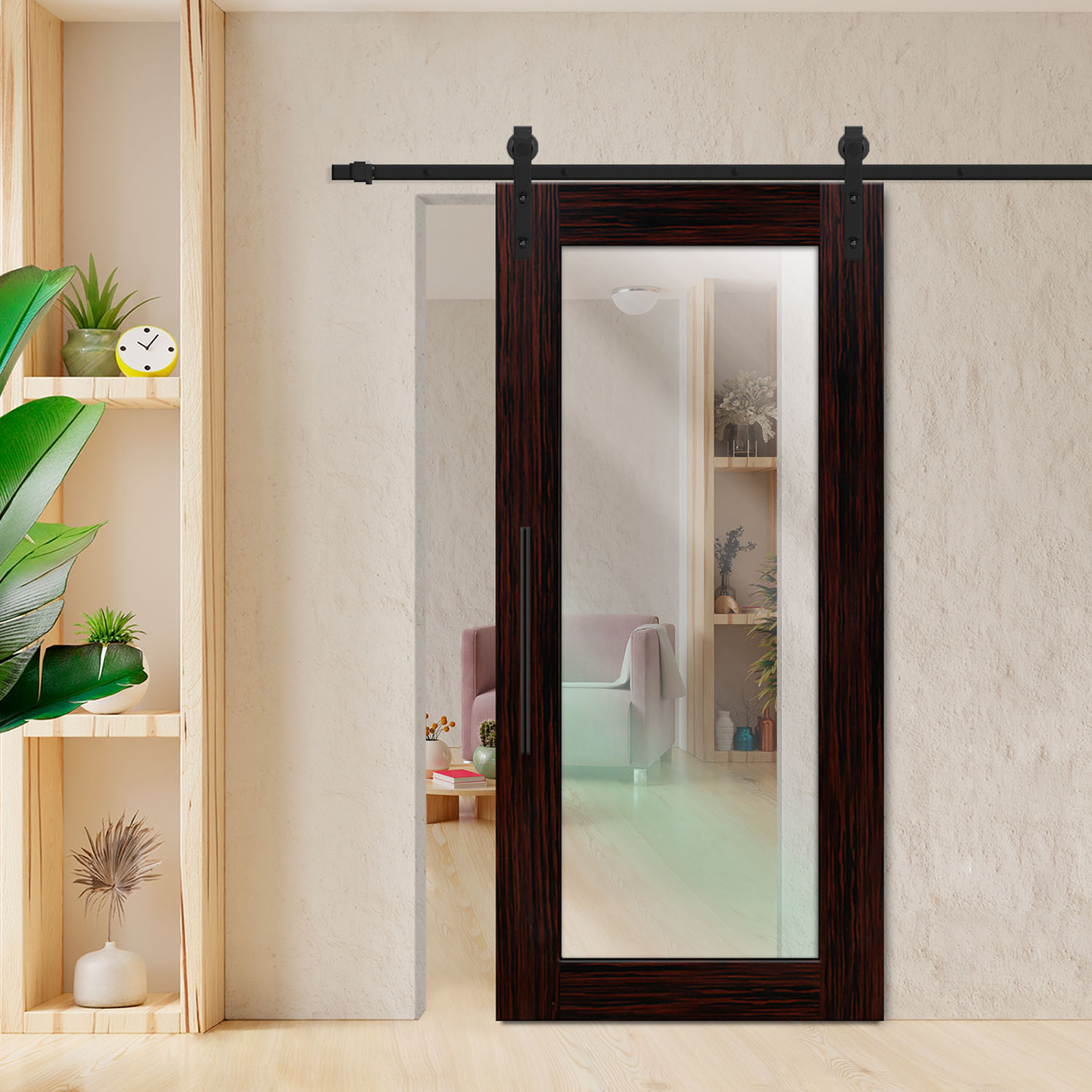 Ebony Veneered Sliding Barn Door with Clear Glass Insert T-Handle Carbon Steel