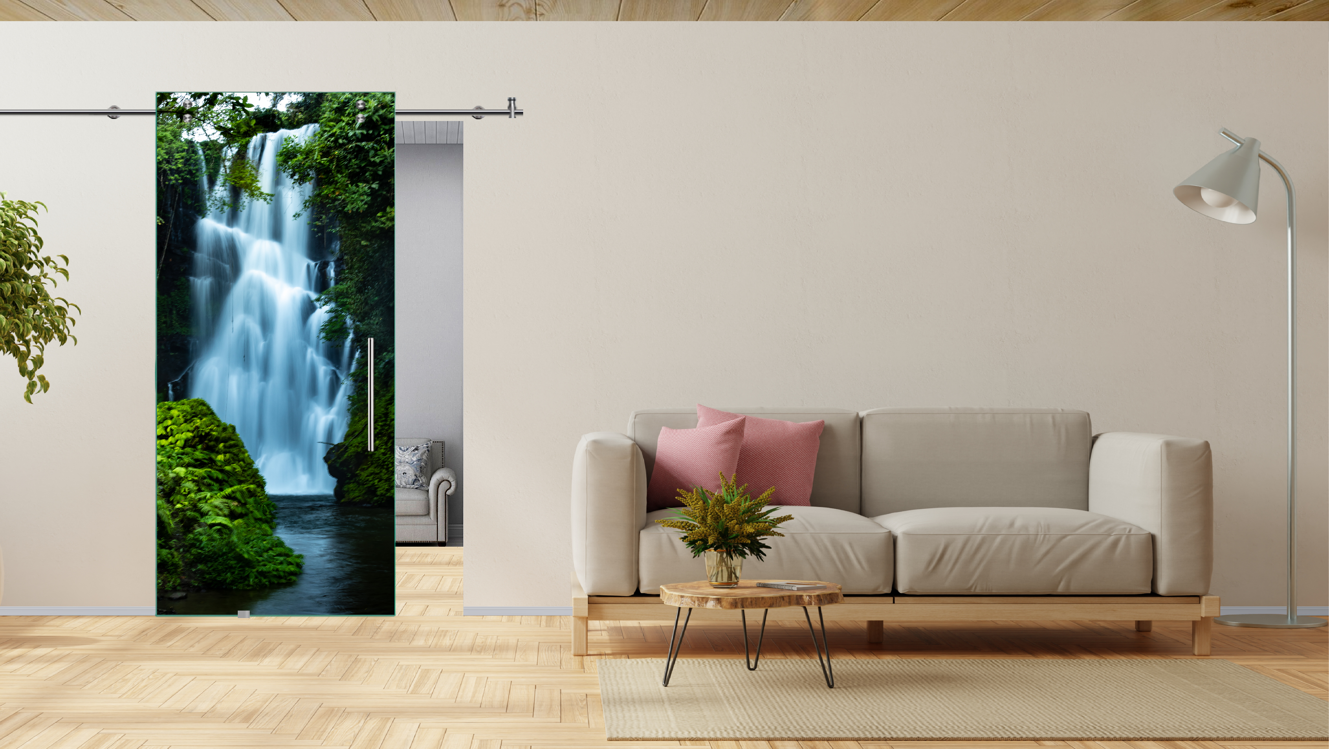 Digital Printing Sliding Barn Glass Door with Stainless Steel Hardware & T-handle (Asisen Wasserfall in Bali)