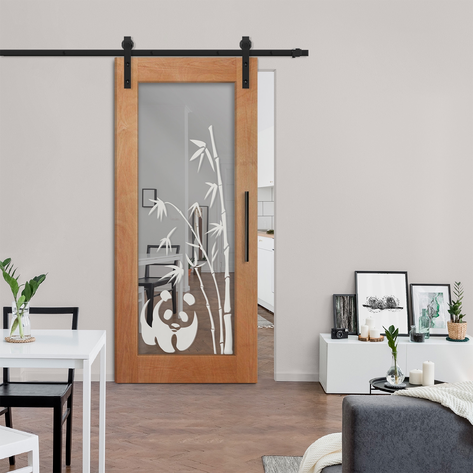 Premium Hardwood Sliding Barn Door with Mirror & Frosted Designs Soilid Wood (Carbon Steel)