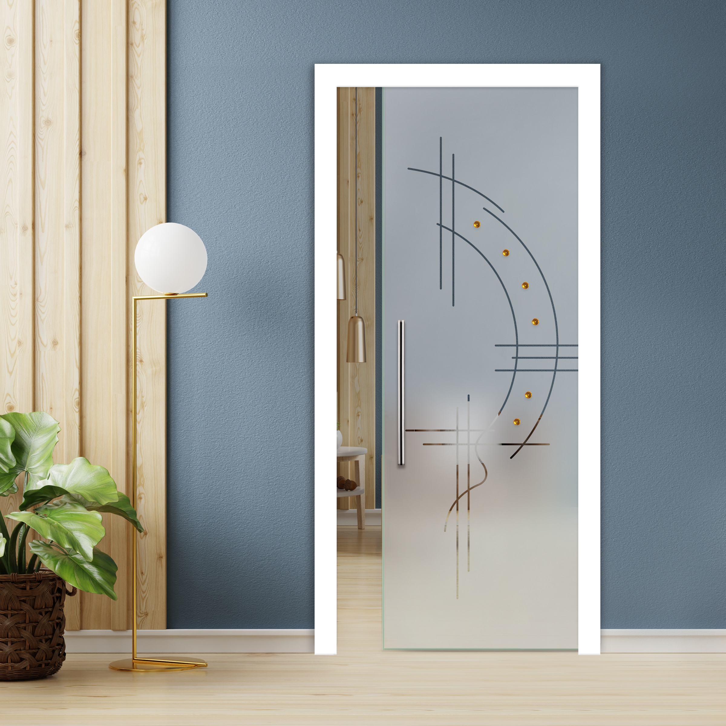 Pocket Sliding Glass Door with Frosted Design + Gemstones T Handle Bar