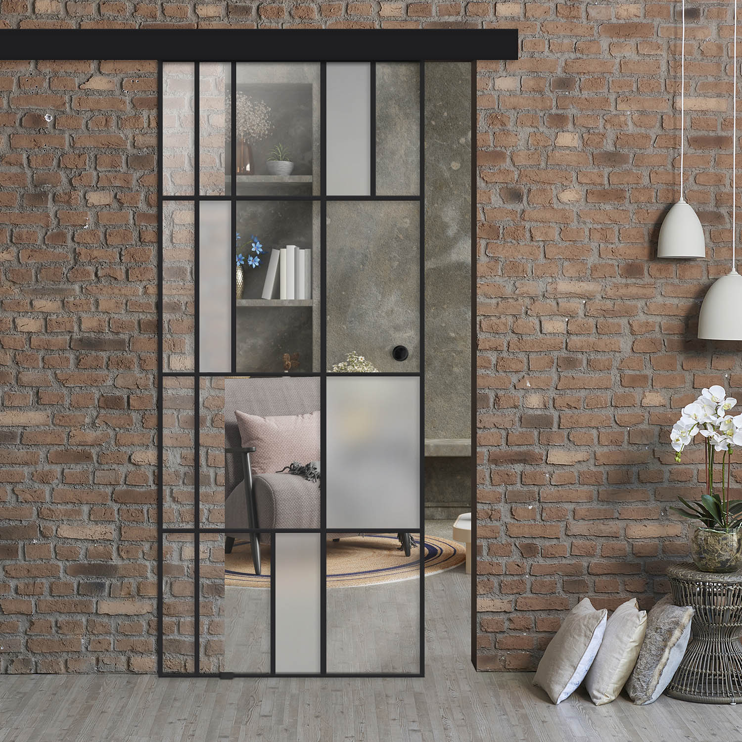 Frameless Industrial Sliding Barn Door with Black Hardware + Grip Handle (Full-Private)