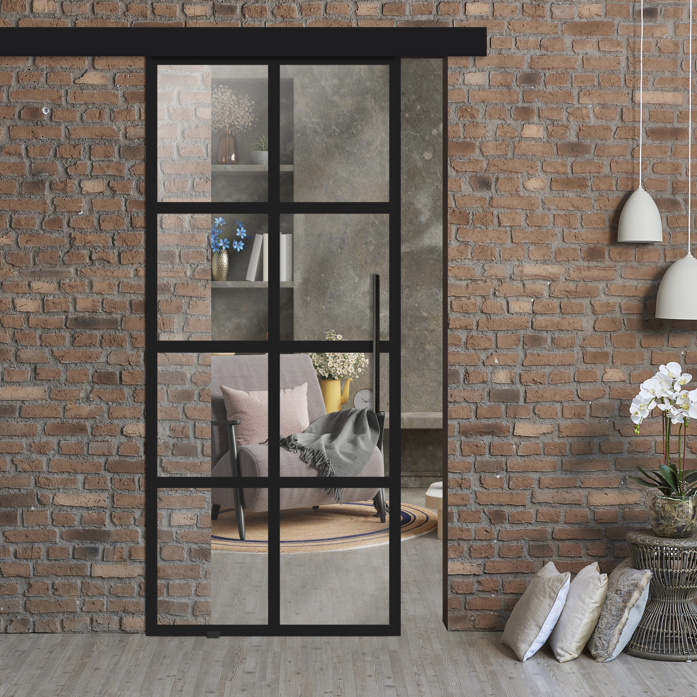 Frameless Industrial Sliding Barn Door with Black Hardware + T-Handle (Non-Private)