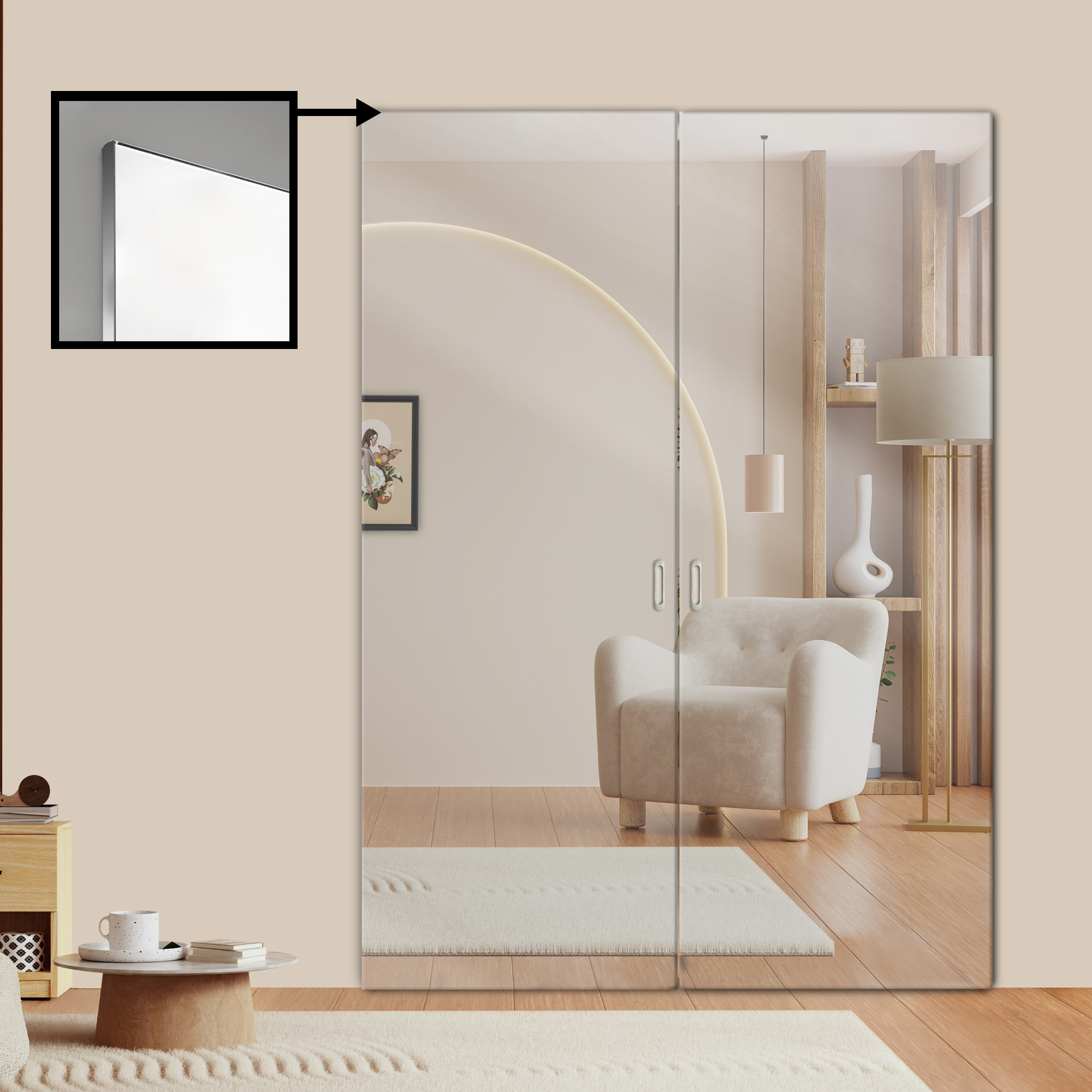 2 Leaf Frameless Mirror Sliding Door with Hidden / Invisible Hardware 2MMD-4109