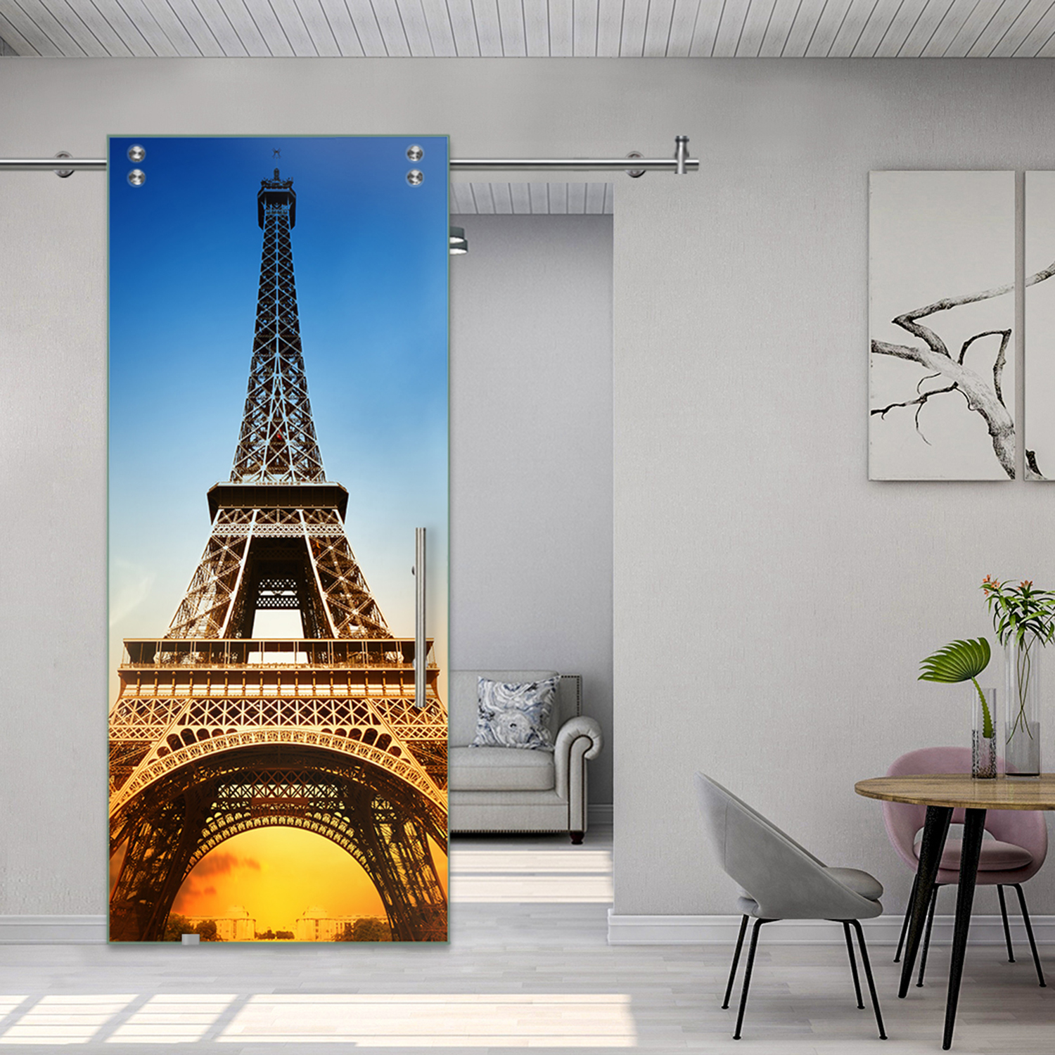 Digital Printing Sliding Barn Glass Door with Stainless Steel Hardware & T-handle (Eiffel Tower Sunset)
