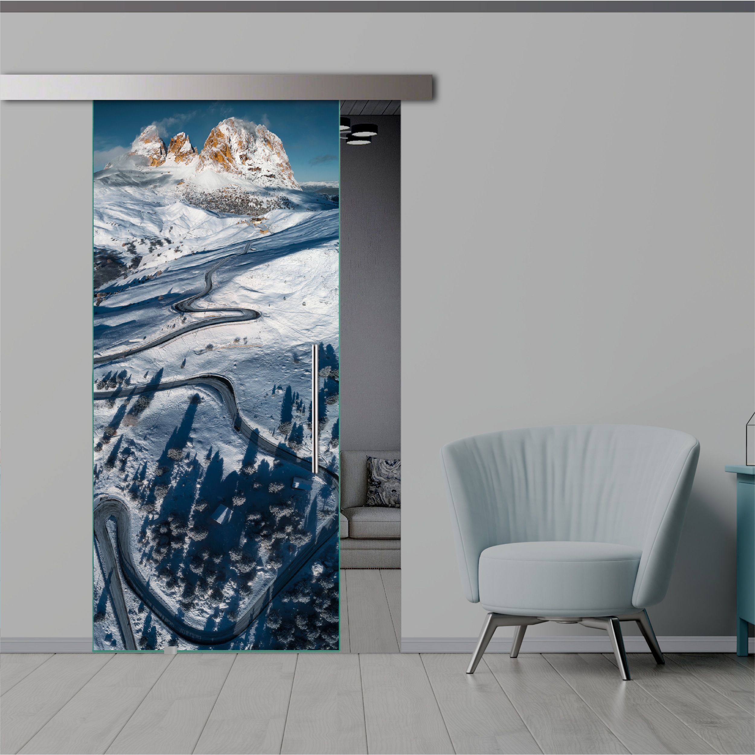 Frameless Sliding Glass Barn Door  with Digital Printing + Alu Gray Hardware (T-Handle)
