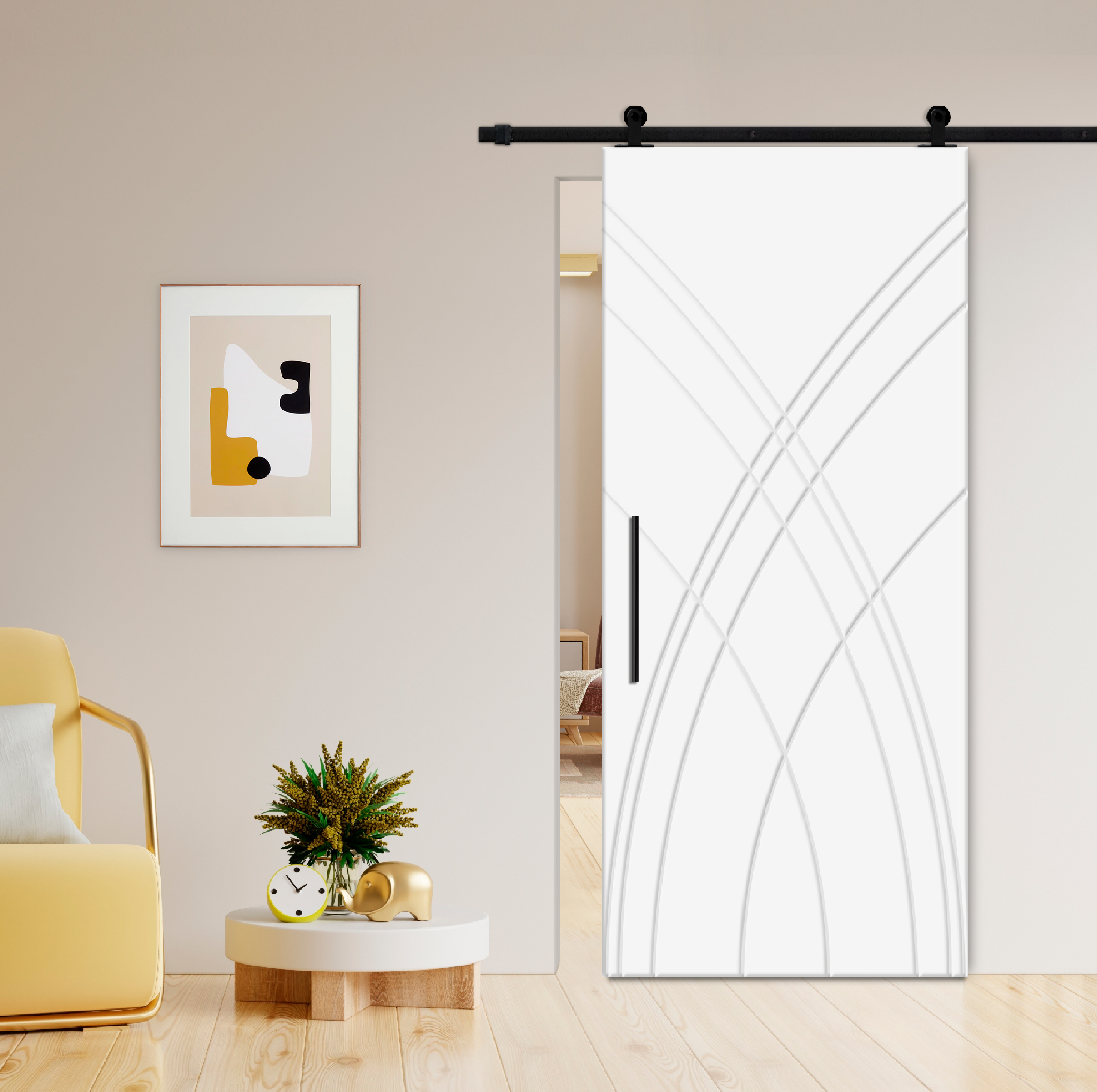 Flush Sliding Barn Door with CNC Engraving CCD-7698 White (Carbon steel)