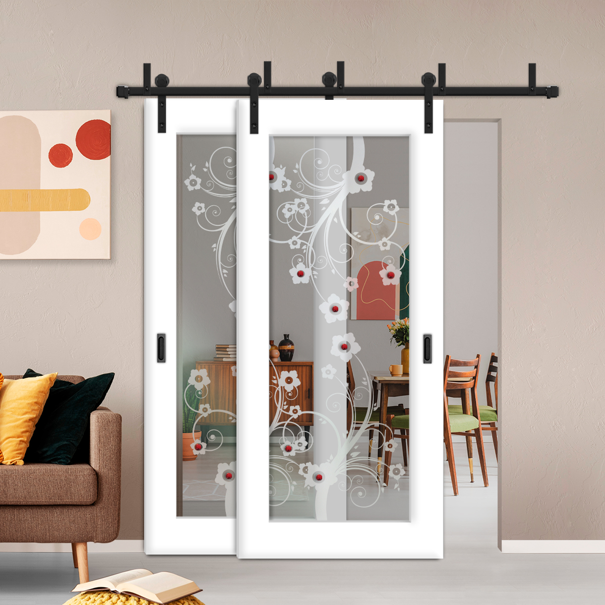 2 Leaf Sliding Barn Bypass Doors with Glass Insert (Non private)
