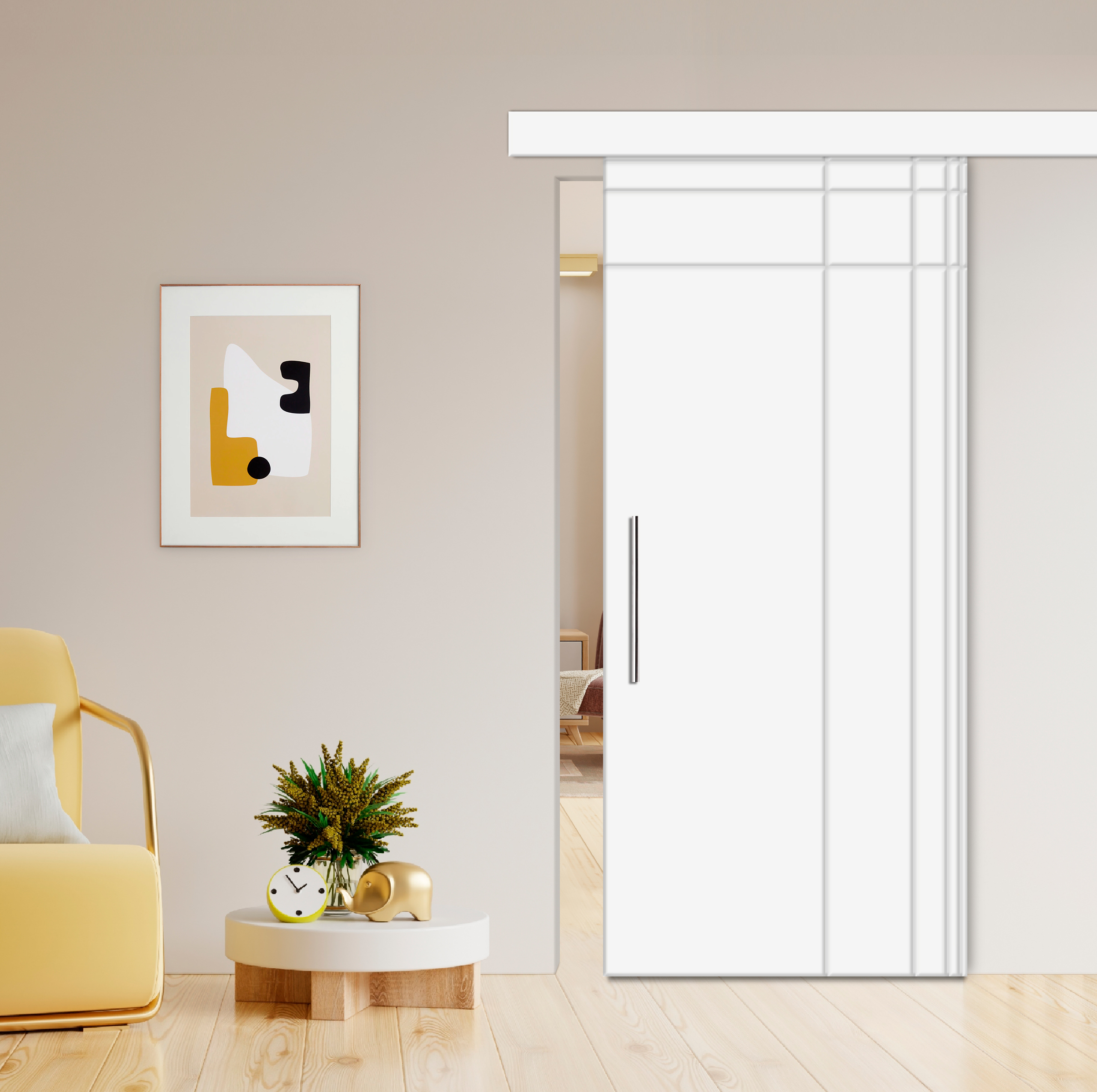 Flush Sliding Barn Door with CNC Engraving CCD-7698 White (Stainless steel)