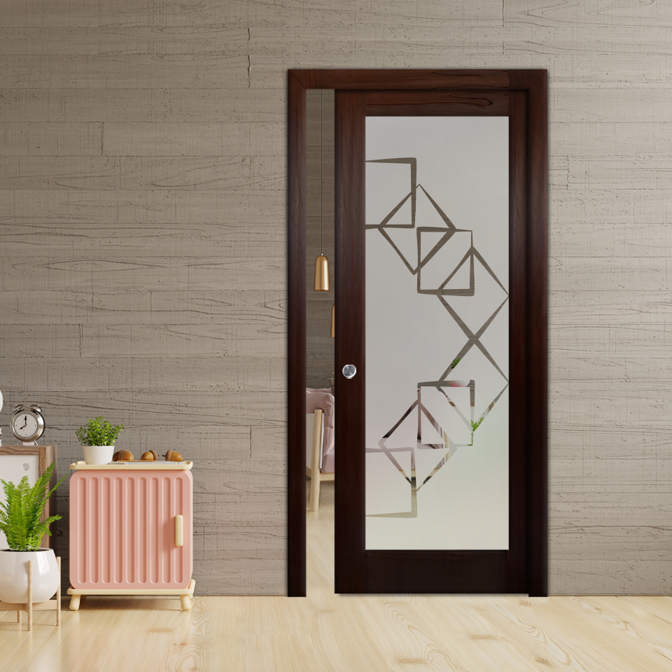 Glass Barn Door- Wood Type Mahogany (Semi-Private)_Recessed Grip Handle