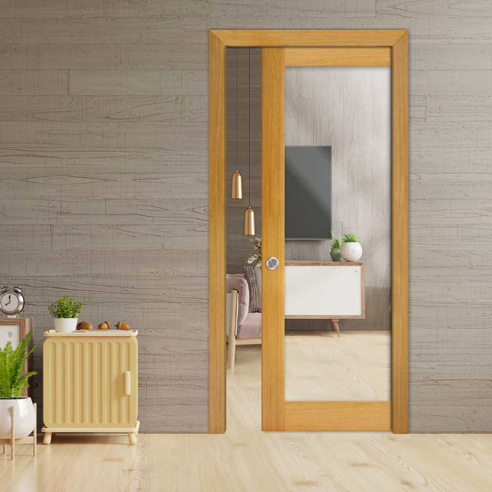 New Zealand Oak Pocket Door with Mirror Insert One or Both Sides PWGD-8072