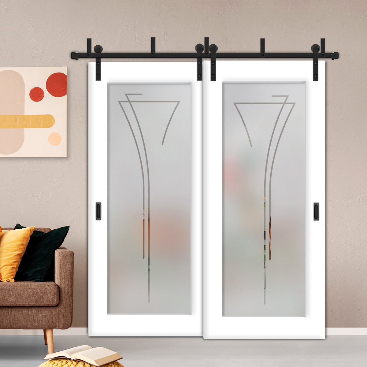 2 Leaf Sliding Barn Bypass Doors with Glass Insert BGD-4401
