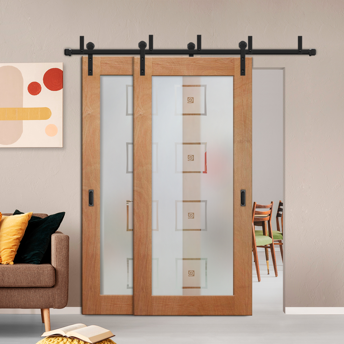 2 Leaf Sliding Barn Bypass Doors with Glass Insert (Semi-private)