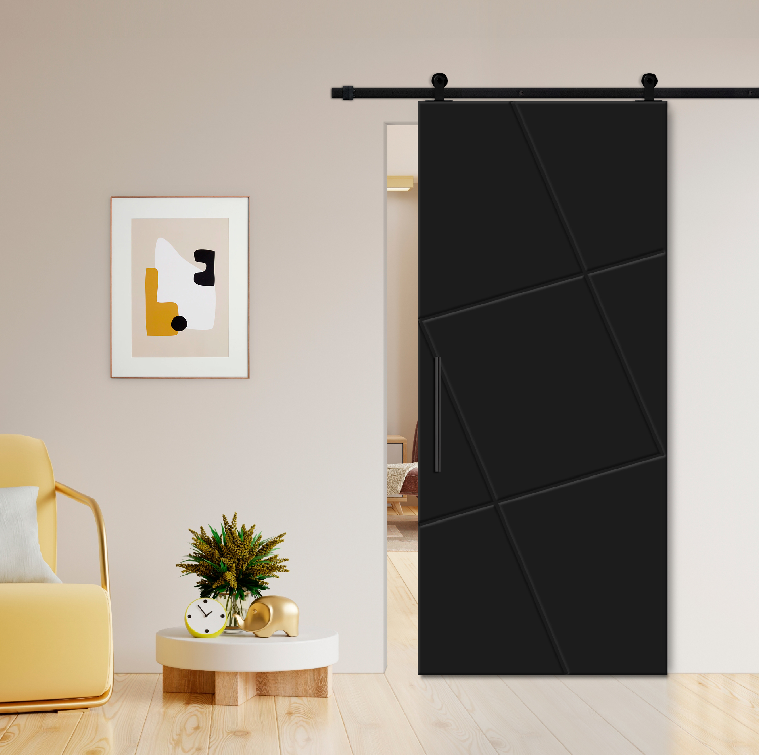 Flush Sliding Barn Door with CNC Engraving CCD-7698 Black (Carbon steel)