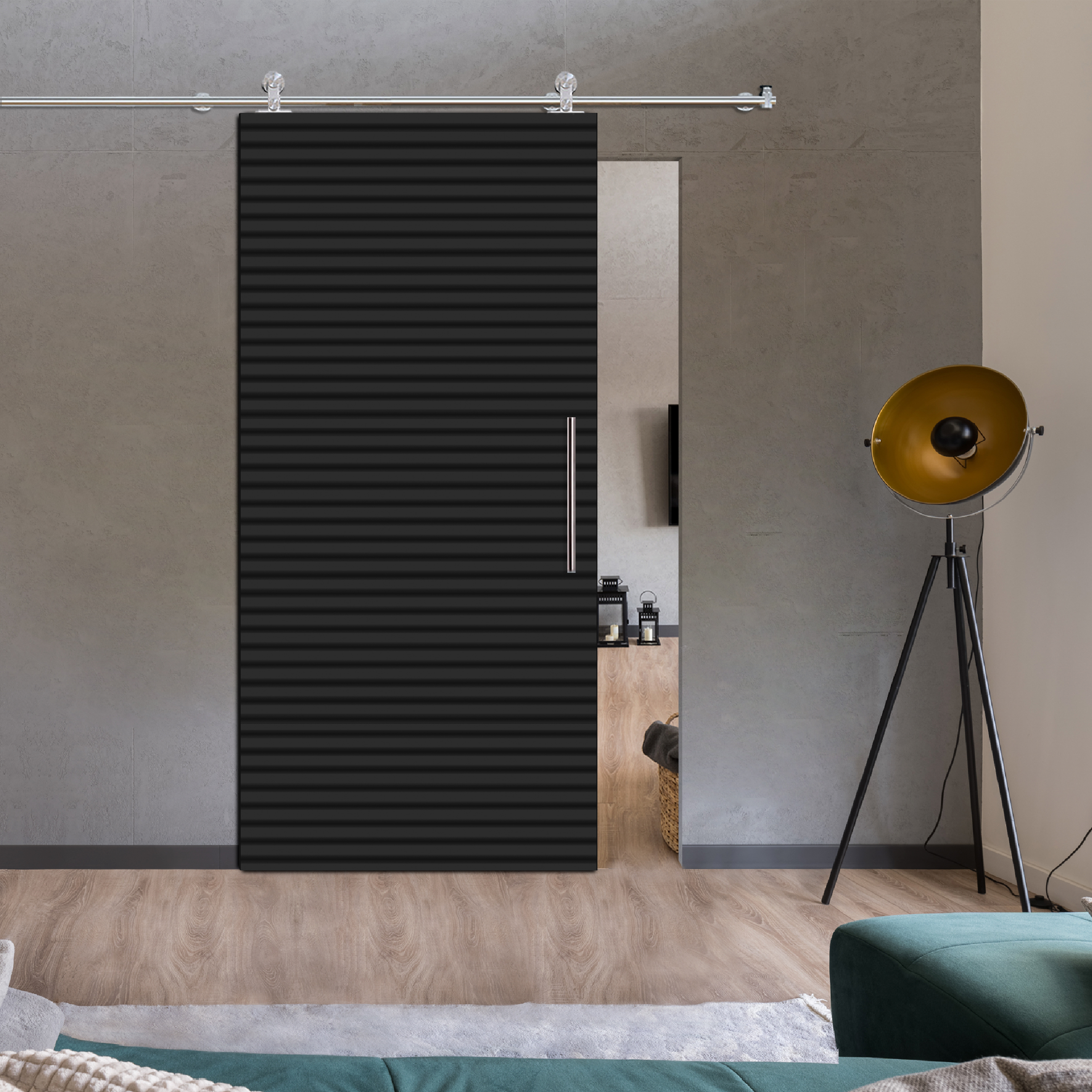 Fluted Wooden Sliding Barn Door Horizontal Lines Black (Stainless Steel Hardware)