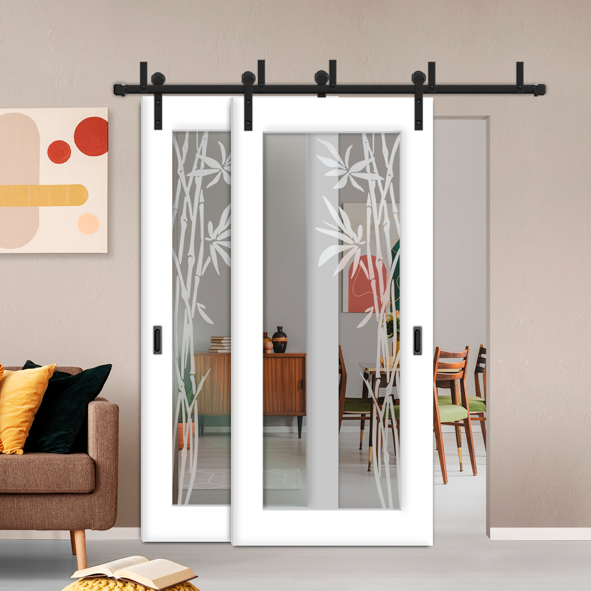 2 Leaf Sliding Barn Bypass Doors with Glass Insert (Non-Private)