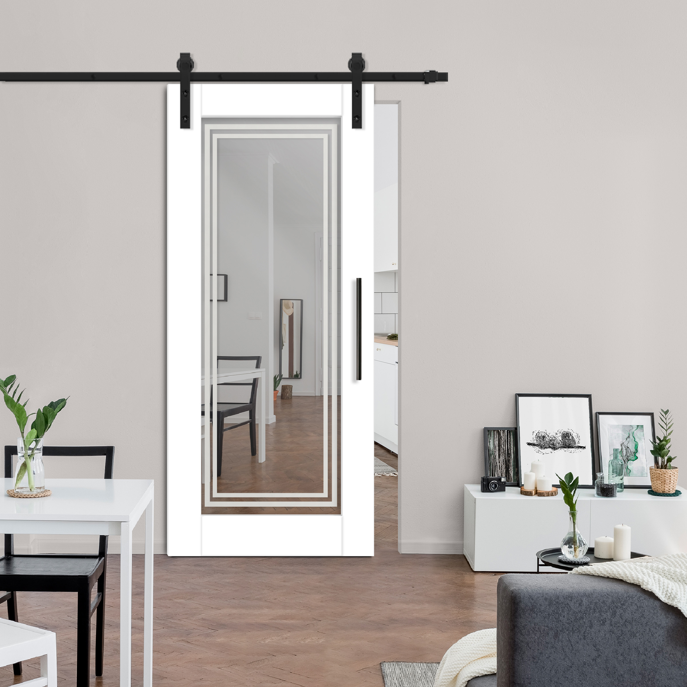 Sliding Barn Door with mirror insert (frosted design) and carbon steel sliding systemSliding Barn Door with mirror insert (frosted design) and carbon steel sliding system
