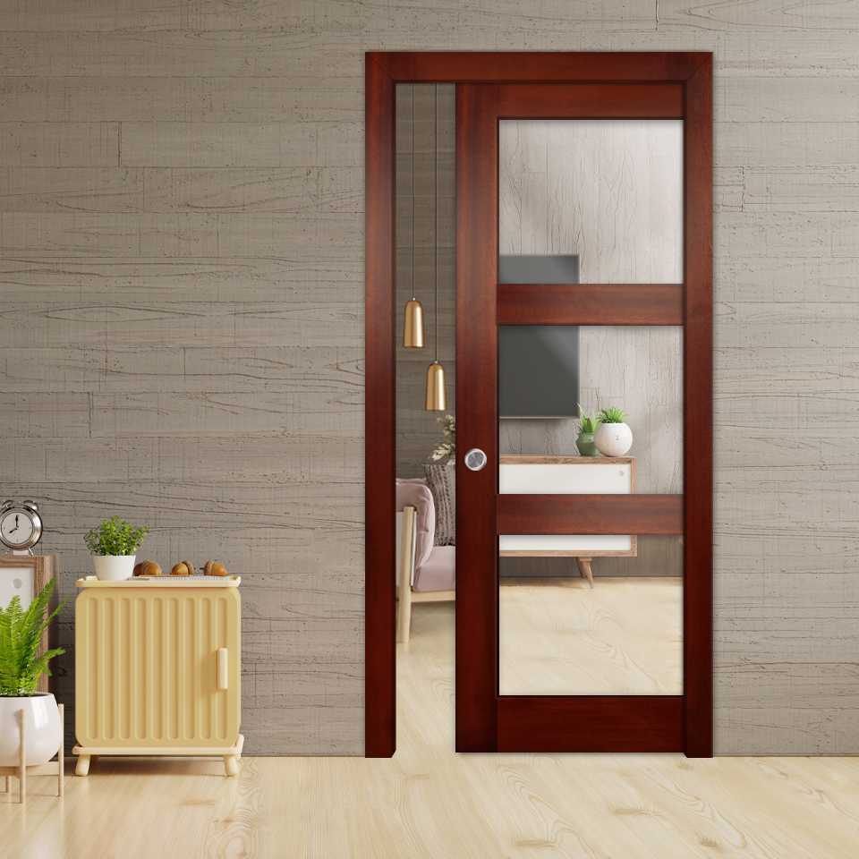 3 - Panel Mahogany Pocket Door with 1 or 2 Mirror Insert PWGD-8112