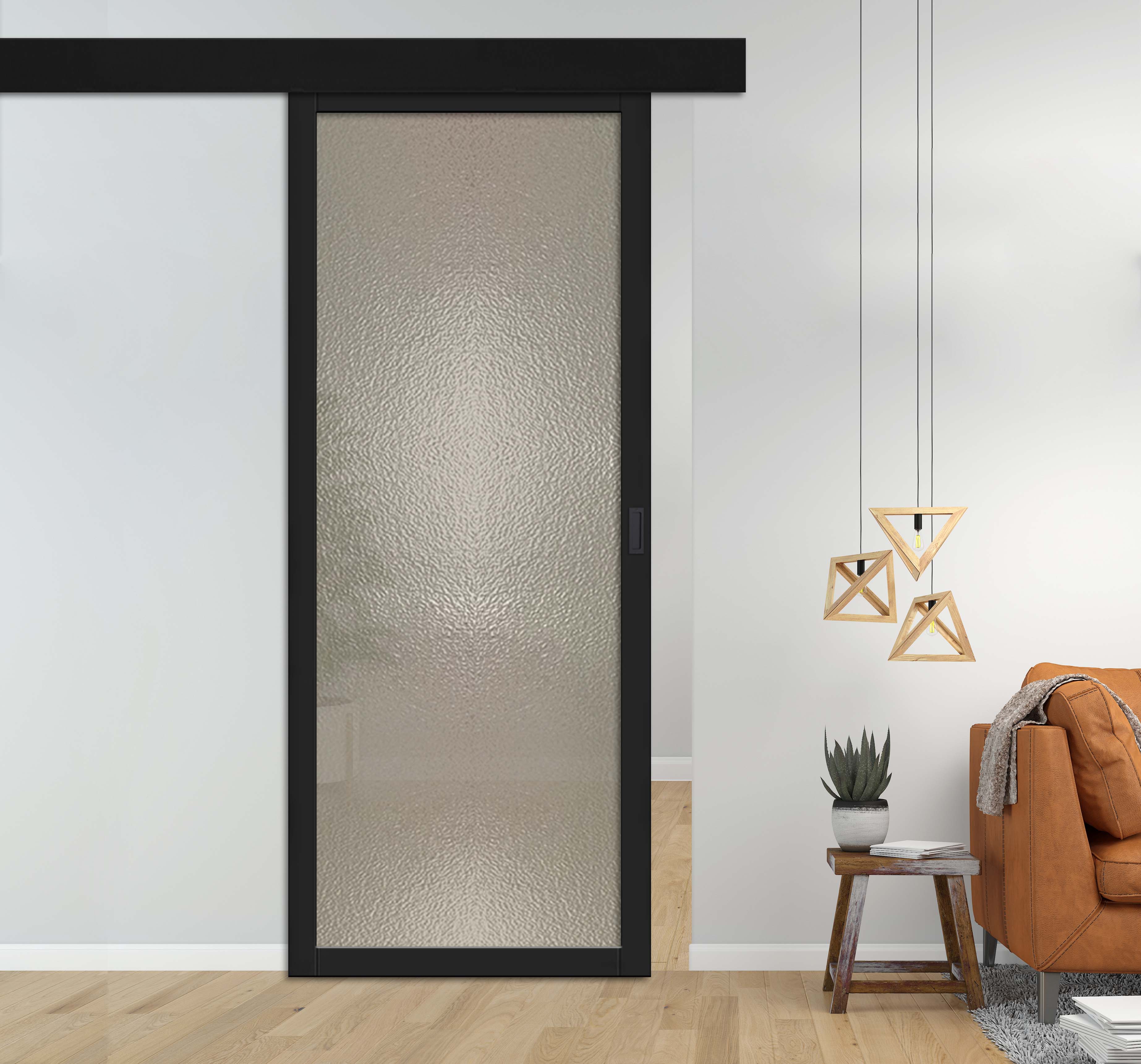 Loft Style Sliding Barn Door with Hammered Glass Panels + Alu100 Wood  Fascia / Cover Hardware Kit & Rectangular Carbon Steel Grip Handle 