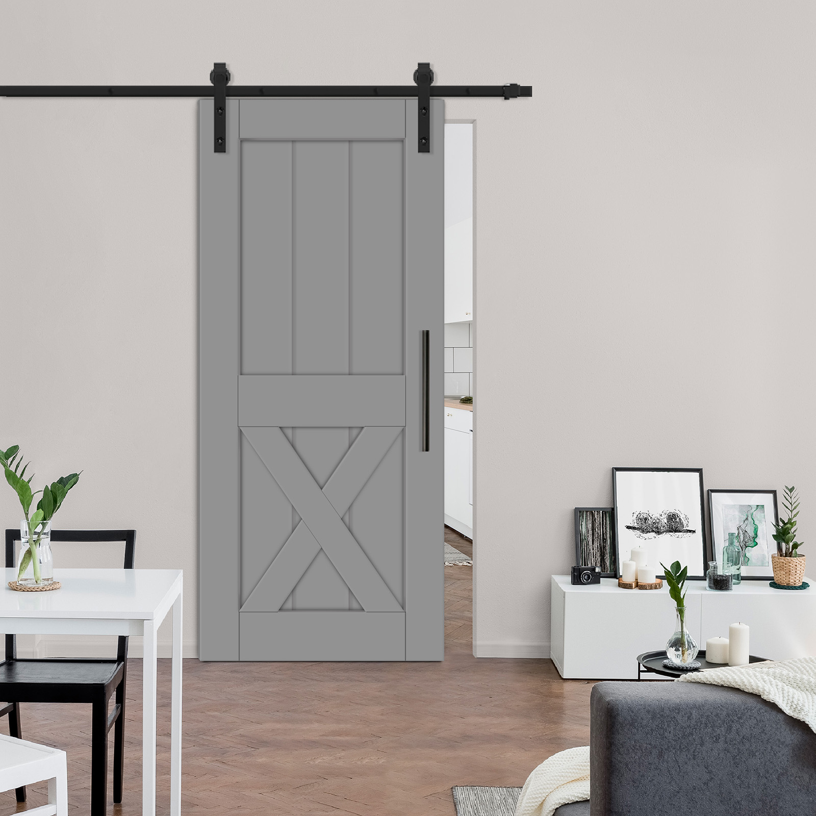 Half X Mirror Barn Door with Panel and Mirror on Back (Gray) Carbon Steel