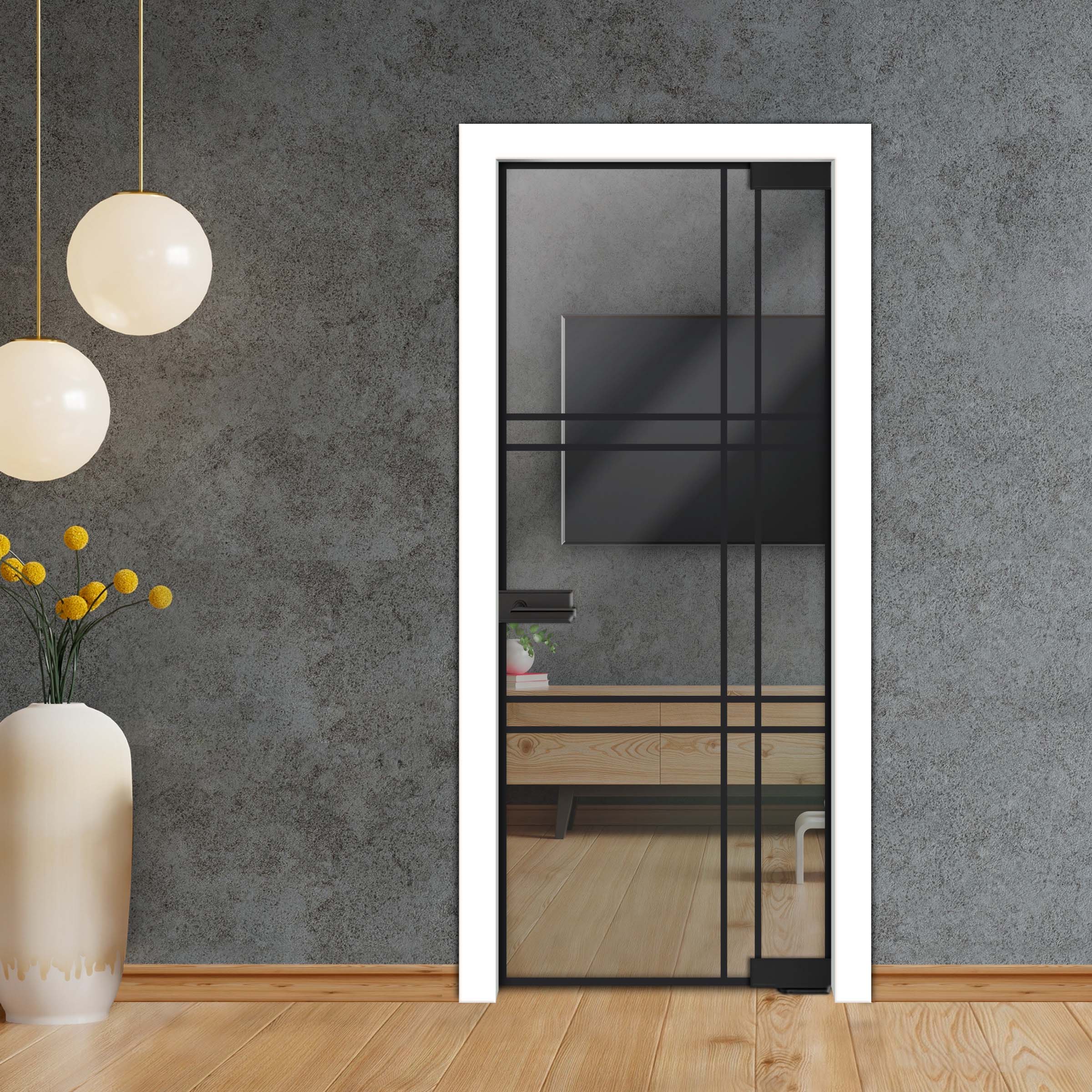 Frameless Industrial Pivot Glass Door (Black Hardware Complete Kit) PGLF-4147
