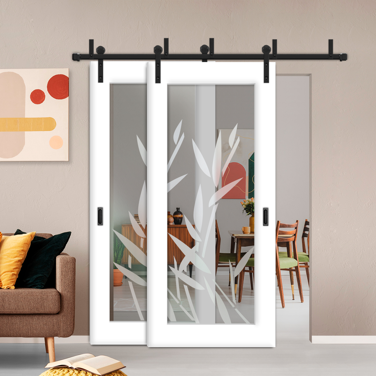 2 Leaf Sliding Barn Bypass Doors with Glass Insert (Non private)