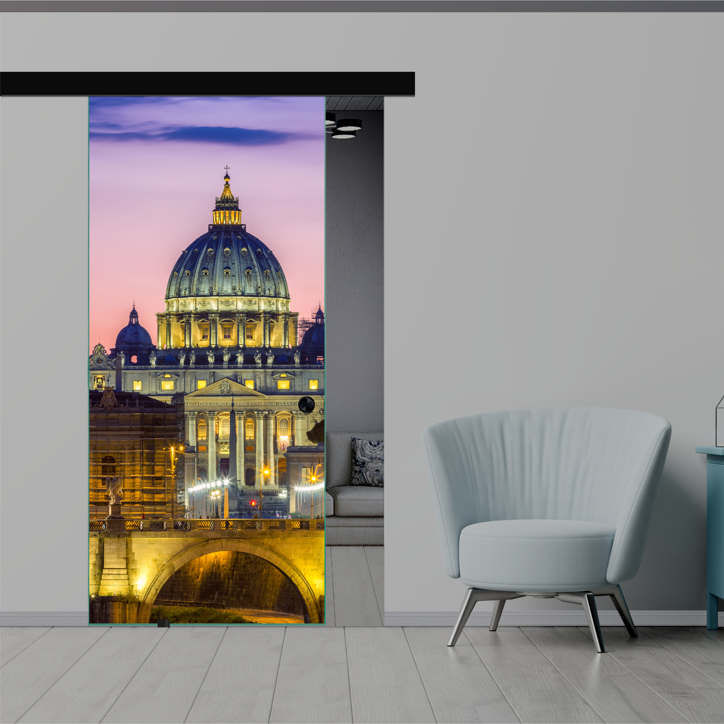 Frameless Sliding Glass Barn Door with Digital Printing + Black Hardware (Recessed Grip)