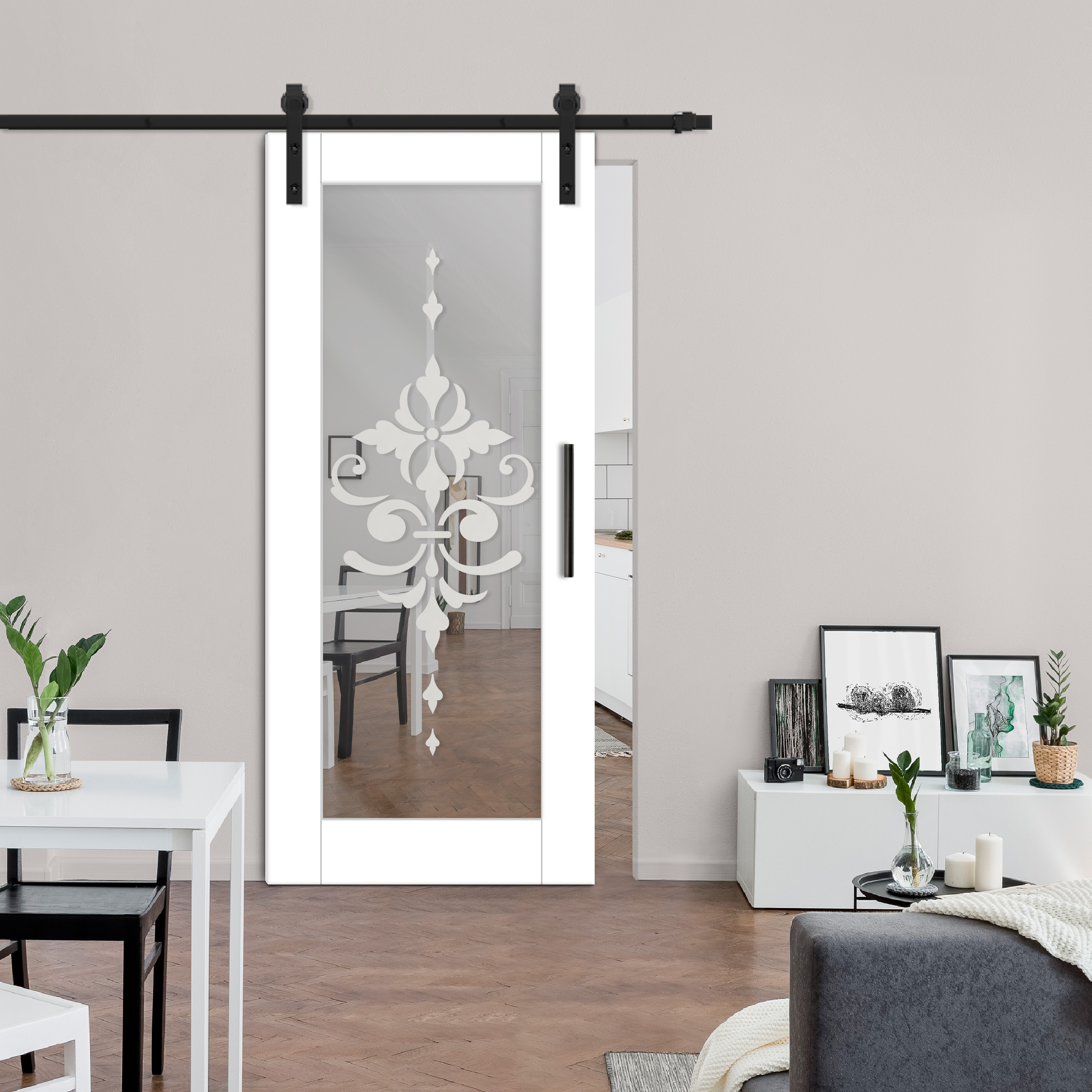 Sliding Barn Door with mirror insert (frosted design) and carbon steel sliding system