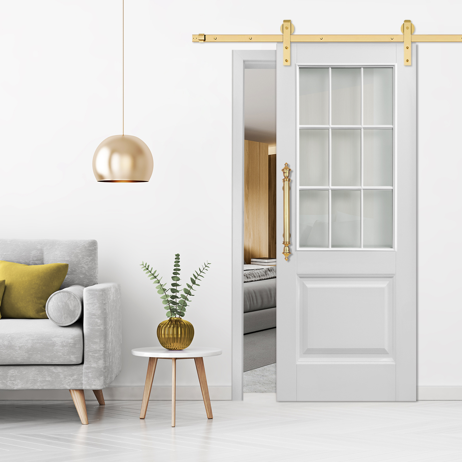 9 Lite French Sliding Barn Door with Frosted Glass Insert WGD-4113
