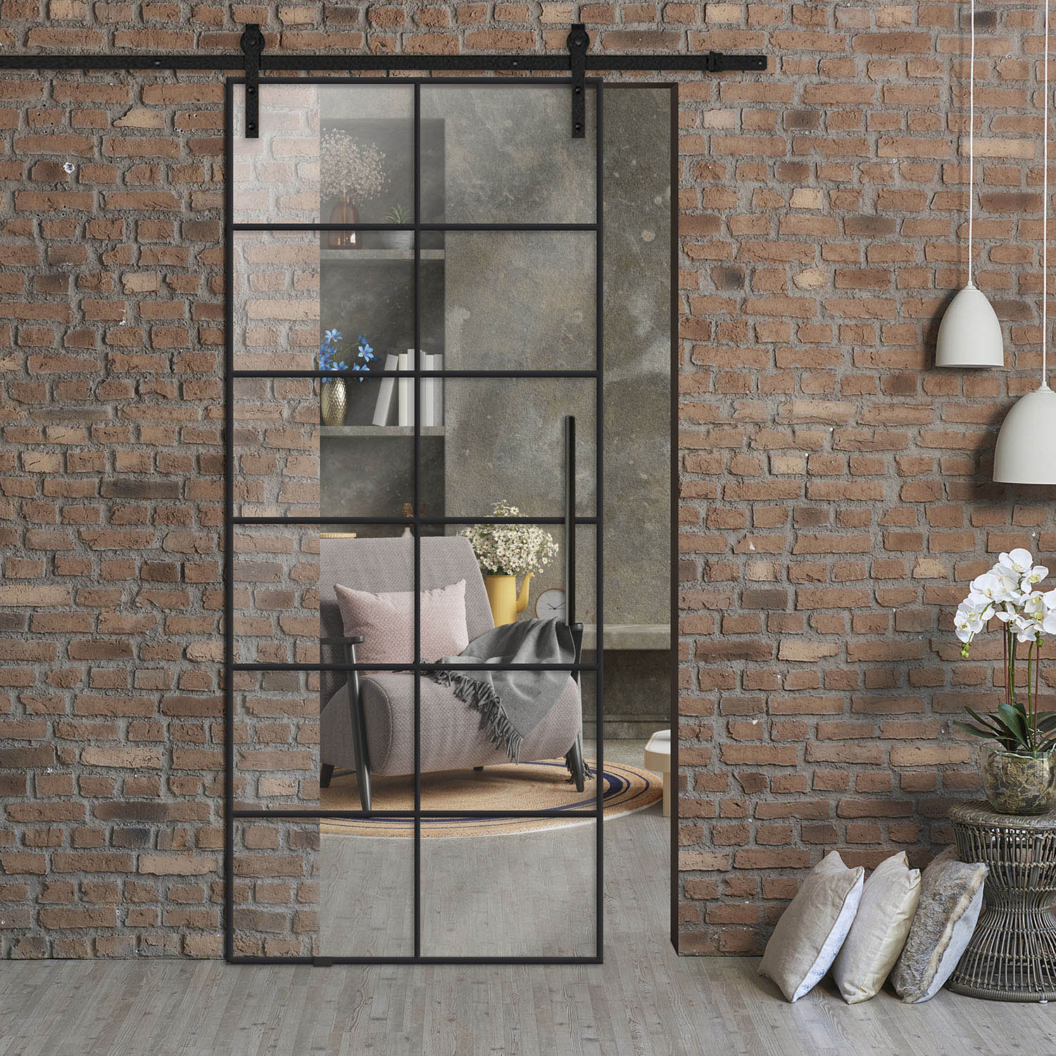 Frameless Industrial Sliding Glass Barn Door (T Handle Bar)