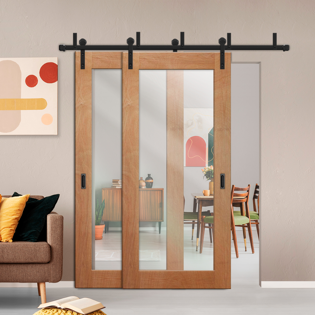 2 Leaf Sliding Barn Bypass Doors with Clear Glass