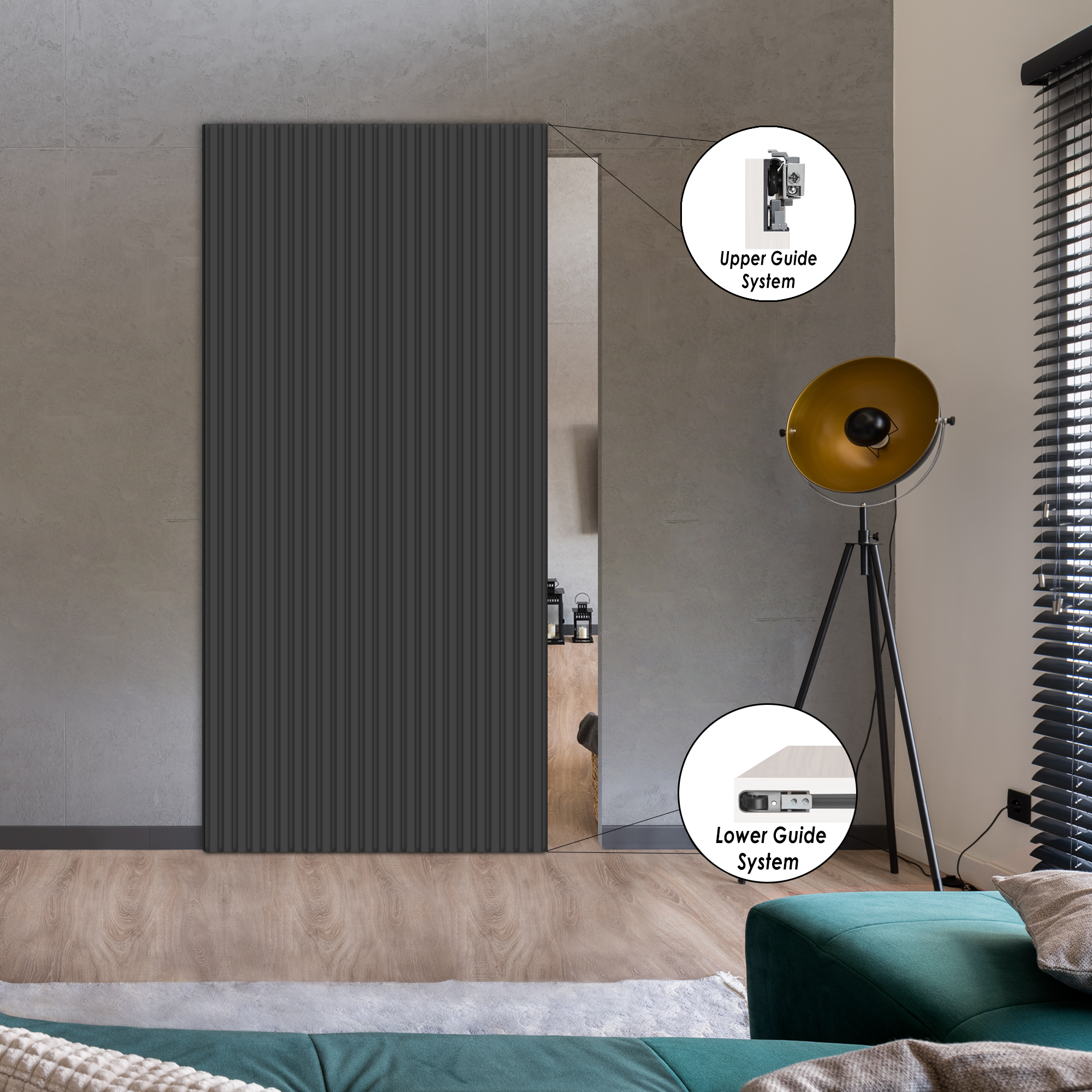 Fluted Wooden Sliding Barn Door Hidden Invisible Hardware (Grey)