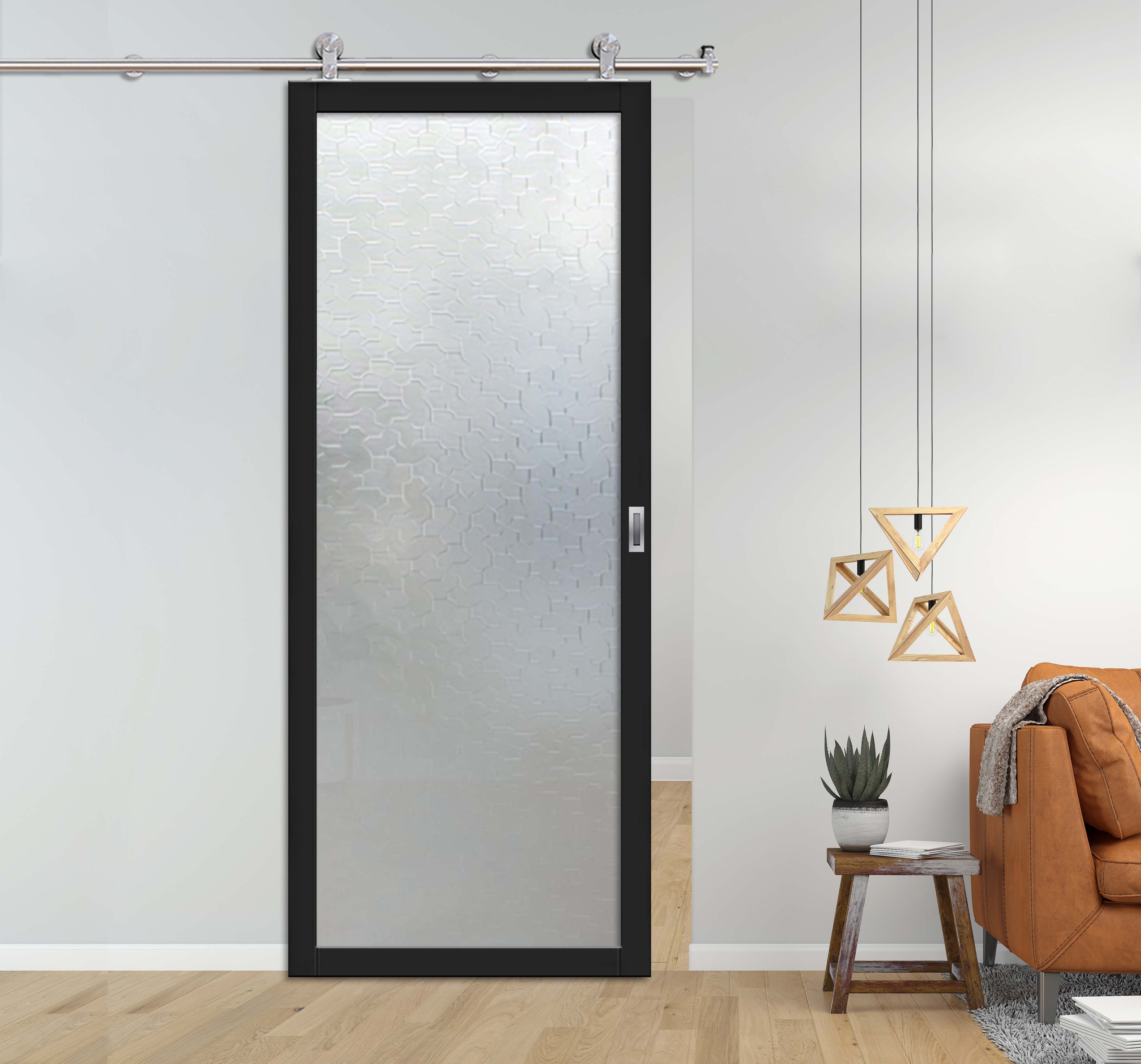 Loft Style Sliding Barn Door with Karatachi Glass Panels, Stainless Steel Hardware Kit & Rectangular Stainless Steel Grip Handle 