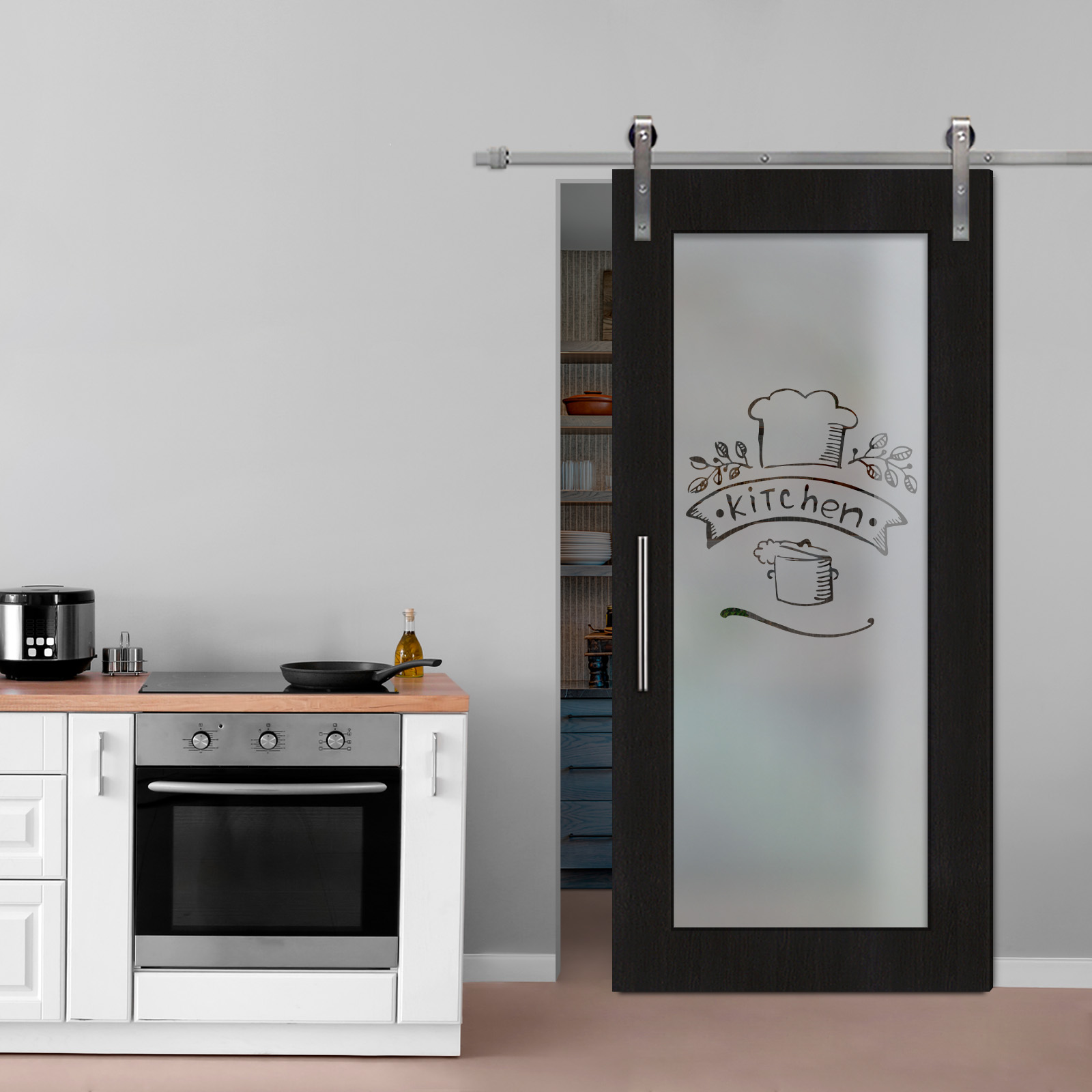 Wenge Veneered Sliding Barn Door with Glass Insert (Semi-private) T-Handle Stainless Steel 