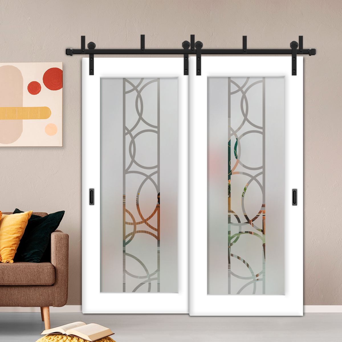 2 Leaf Sliding Barn Bypass Doors with-Glass-Insert BGD-4406