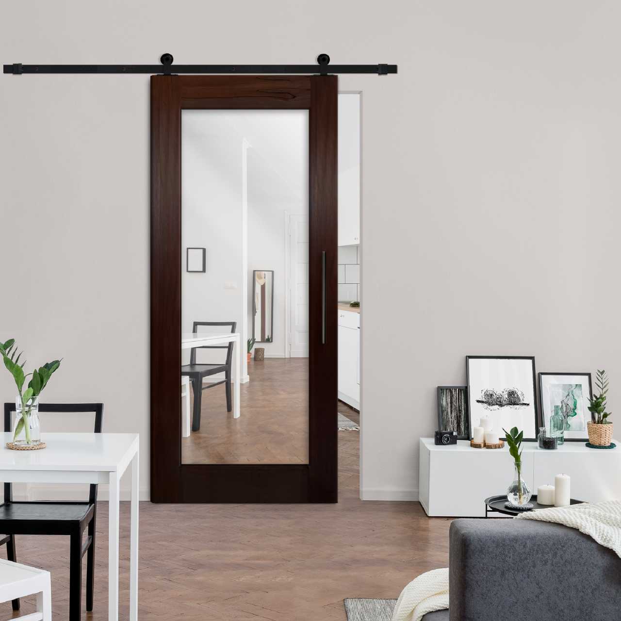 Complete Kit Mirror Mahogany Solid Wood Sliding Barn Door with Mirror Panel WMD-8011