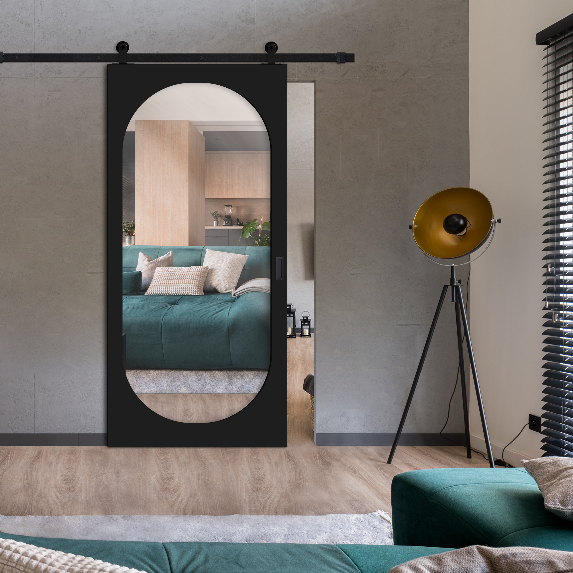 Mirror Sliding Barn Door with  Oval Shape Mirror Insert  (Carbon steel hardware) WMD-7649