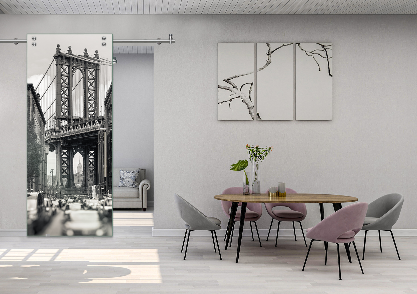 Digital Printing Sliding Barn Glass Door with Stainless Steel Hardware & T-handle (Bridge Brooklyn)