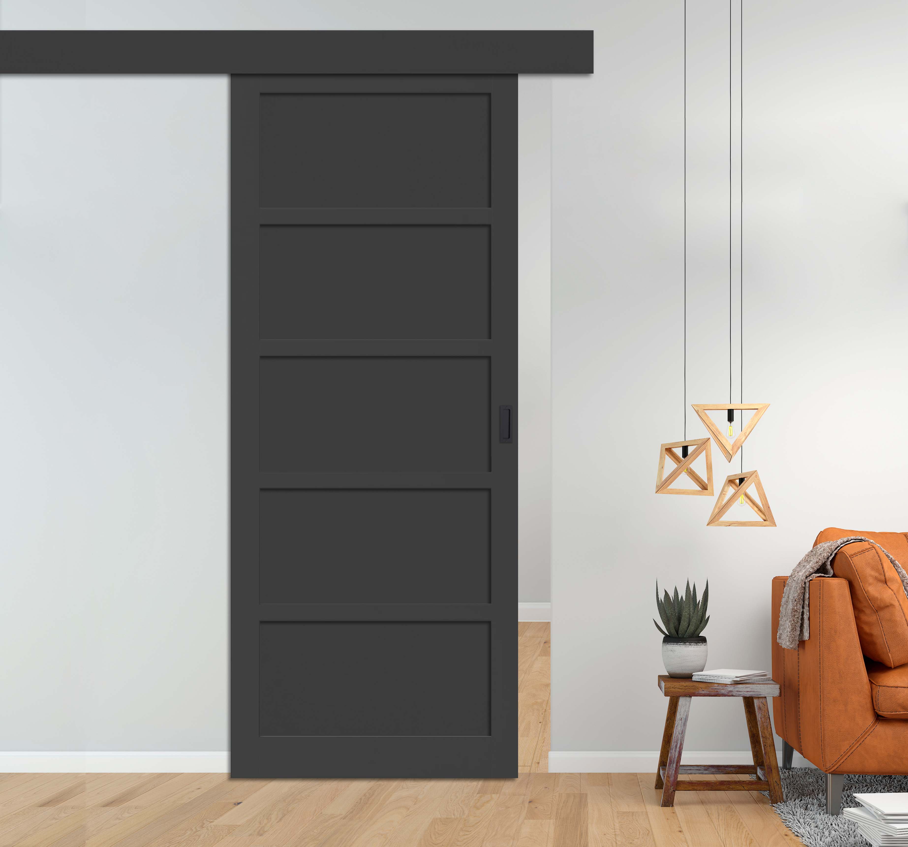 Loft Style 5 panel Barn Door Hardware Kit Cover Plate (Fascia) Polyurethane Coating RAL9011 & Oval Carbon Grip Handle