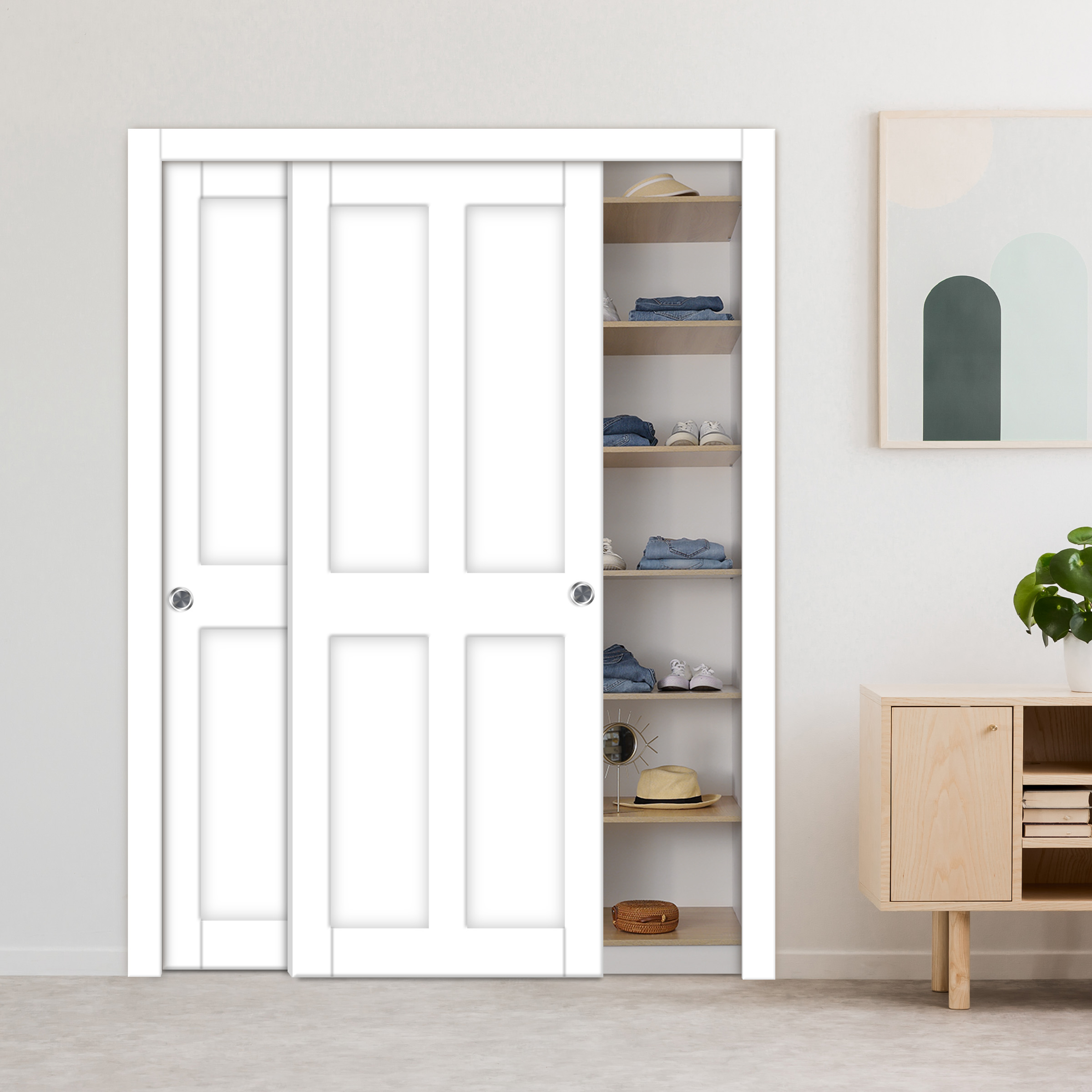 Handcrafted Wooden Bypass Closet Sliding Door 4 Panel (Painted White)