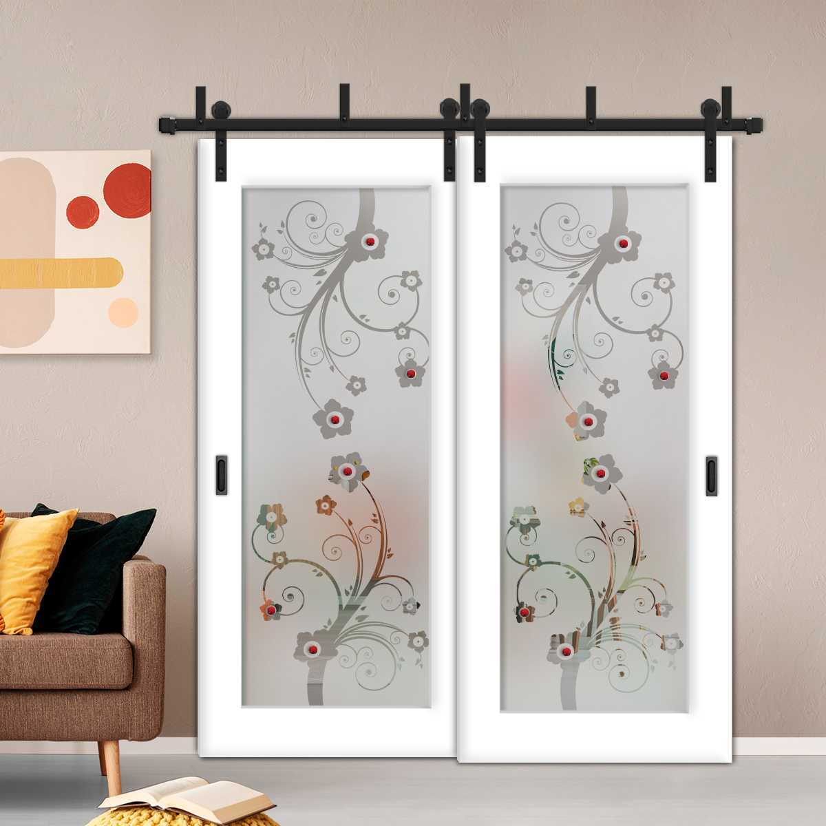 2 Leaf Sliding Barn Bypass Doors with Glass Insert BGD-4397