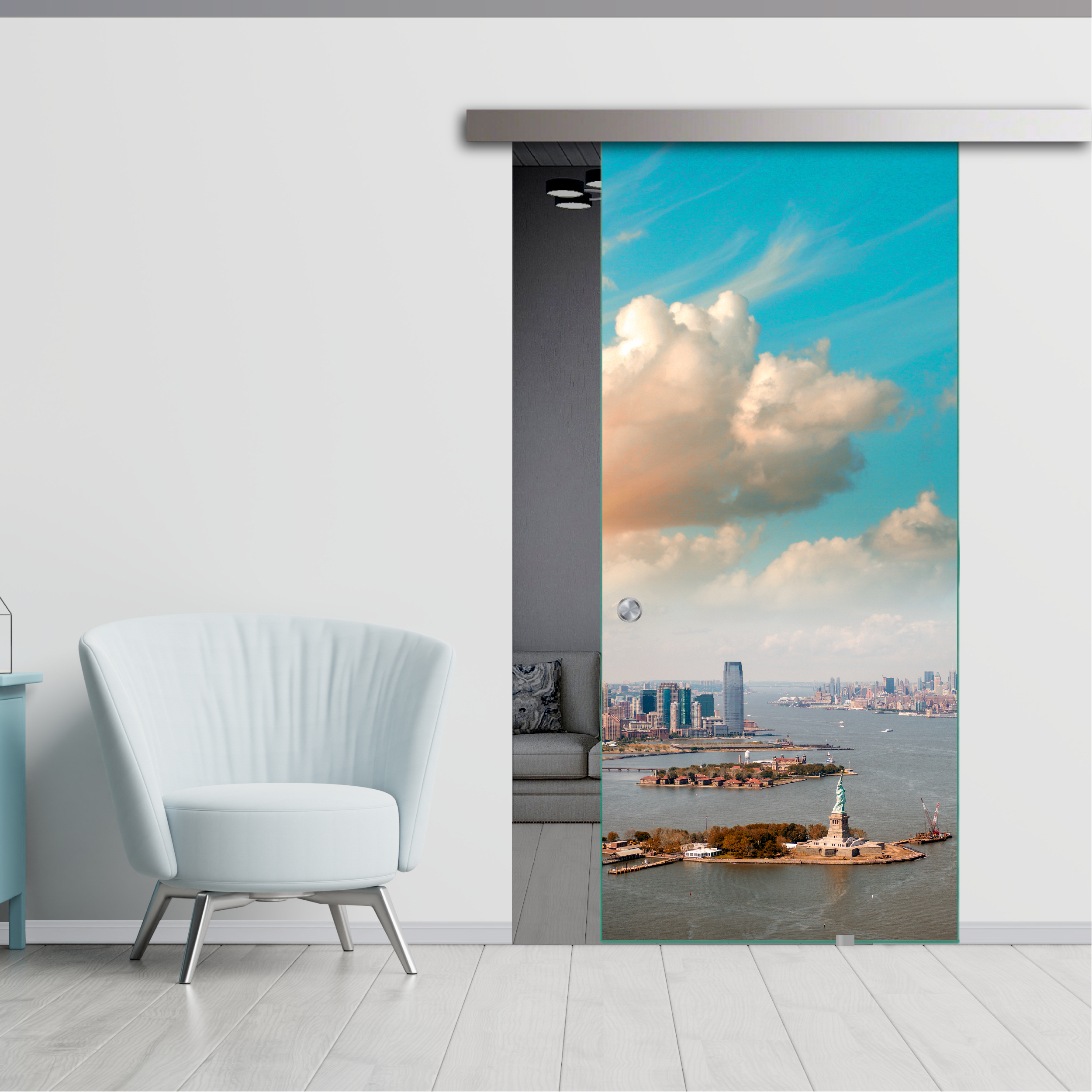 Frameless Sliding Glass Barn Door  with Digital Printing + Alu Gray Hardware (Recessed Grip Handle)