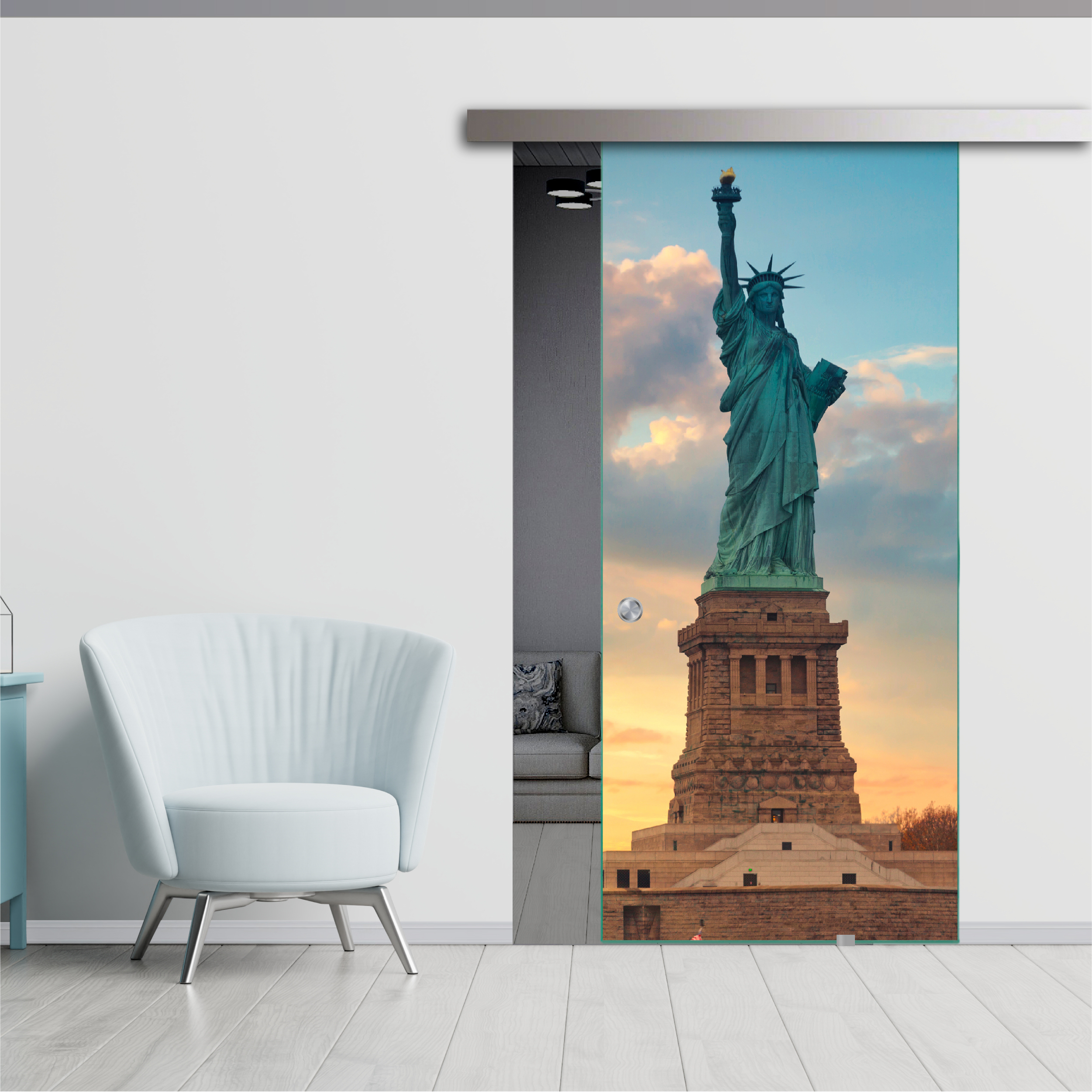 Frameless Sliding Glass Barn Door  with Digital Printing + Alu Gray Hardware (Recessed Grip Handle)