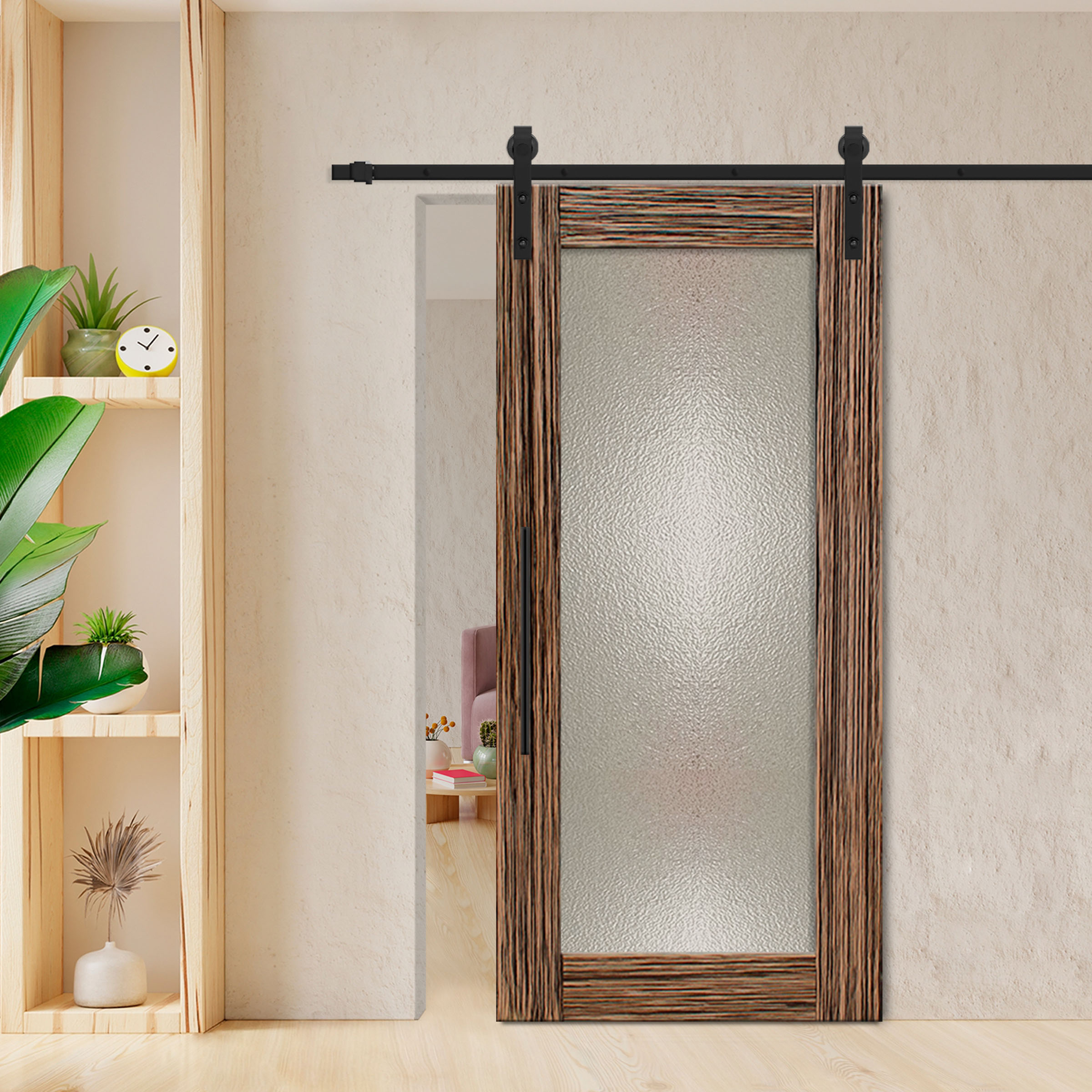 Zebrano Veneered Sliding Hammered Barn Door with Carbon Steel