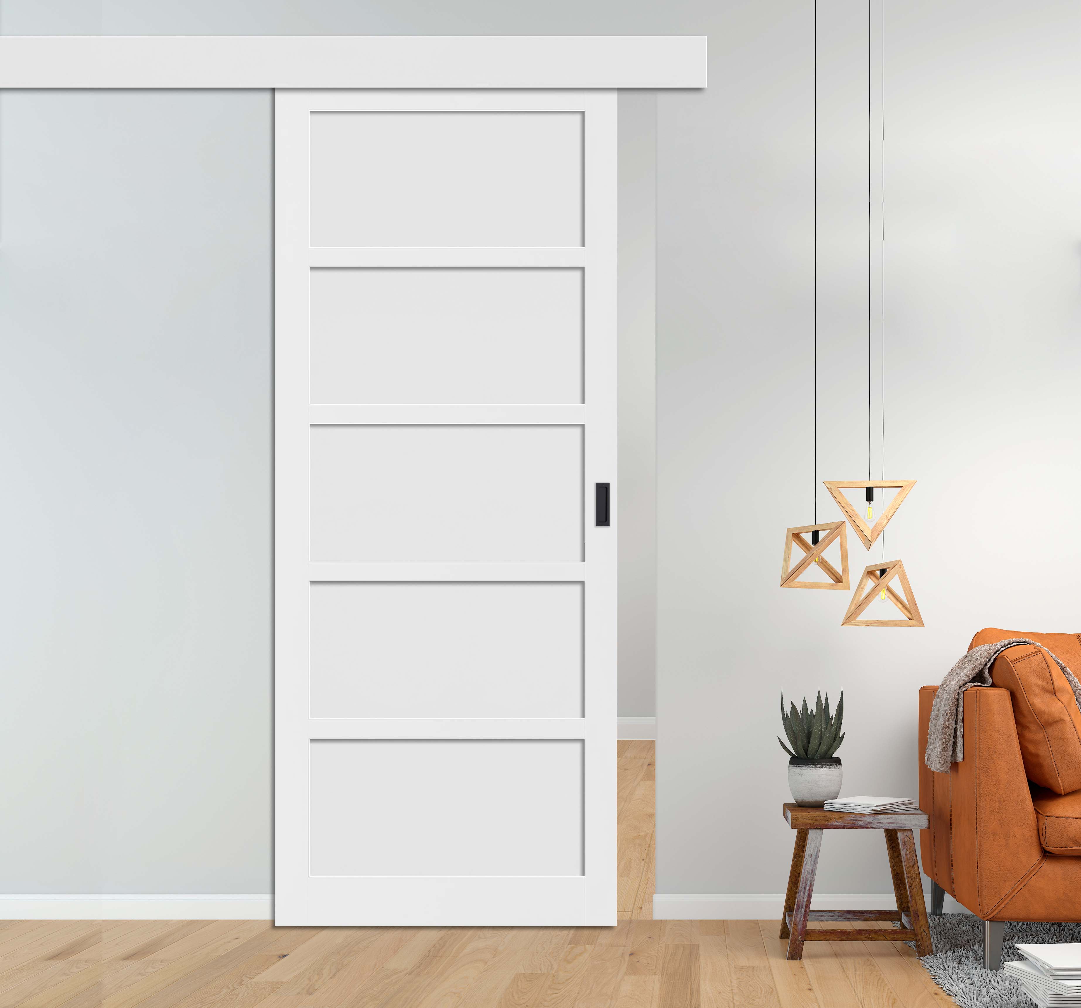 Loft Style 5 panel Barn Door Hardware Kit Cover Plate (Fascia) Polyurethane Coating RAL9011 & Oval Carbon Grip Handle