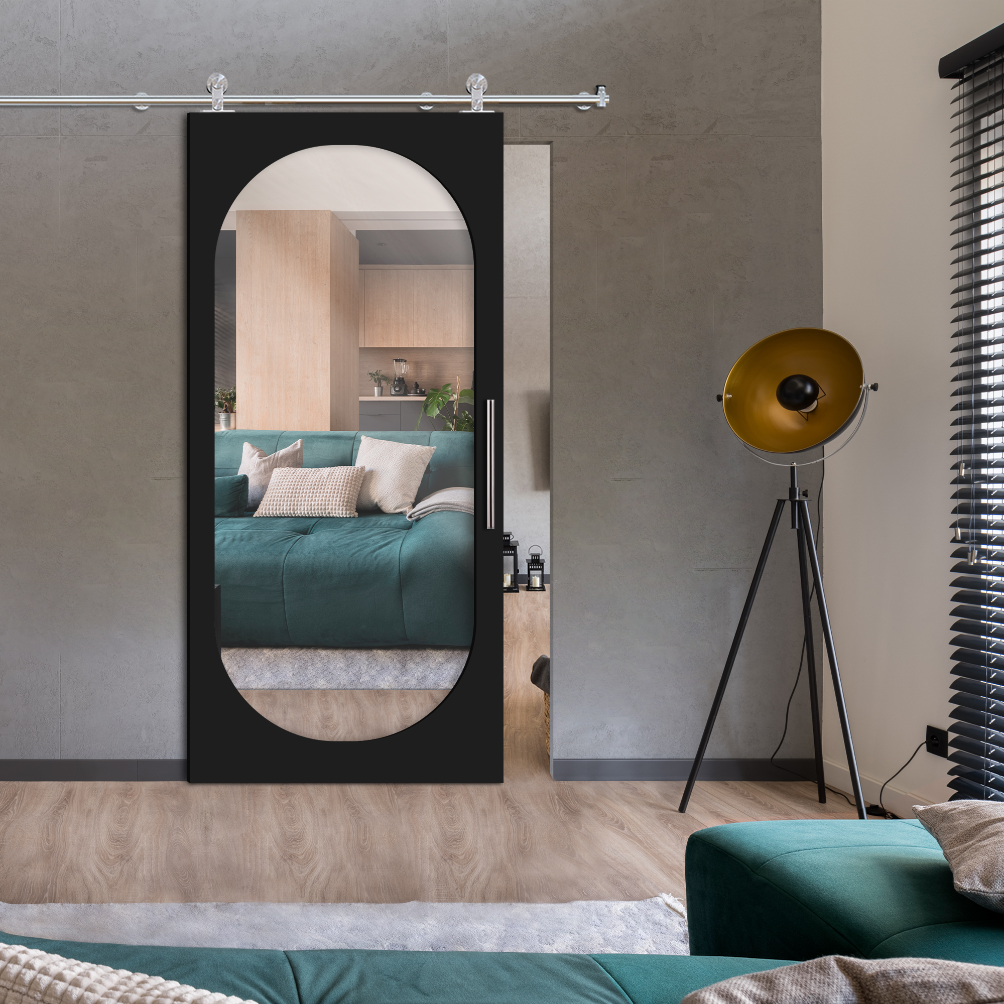 Mirror Sliding Barn Door with  Oval Shape Mirror Insert  (Stainlees steel hardware) WMD-7649