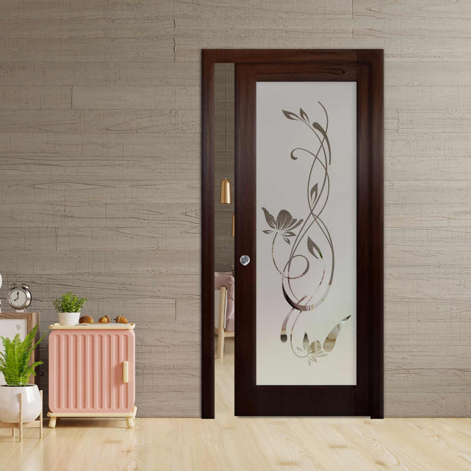 Glass Barn Door- Wood Type Mahogany (Semi-Private)_Recessed Grip Handle