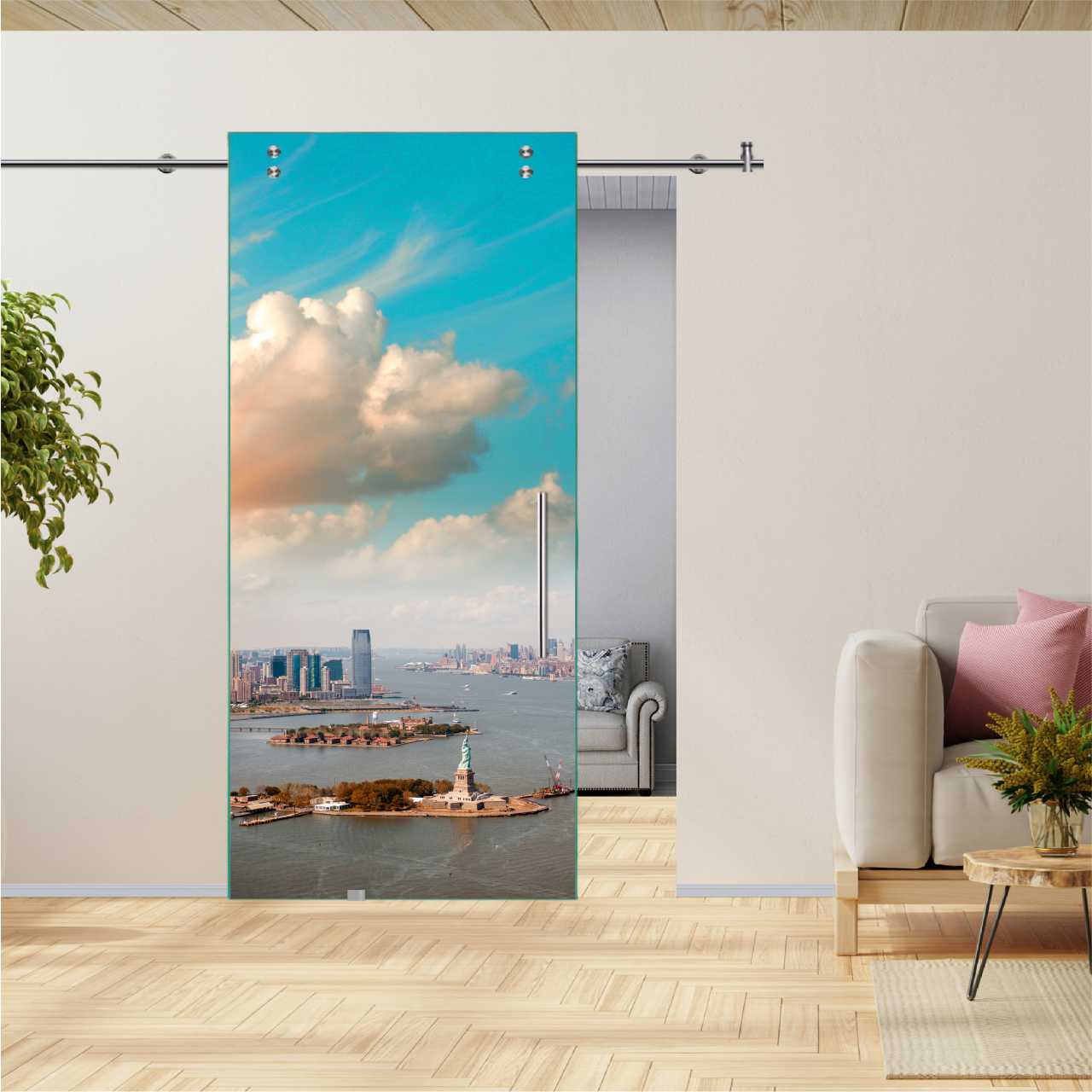 Digital Printing Sliding Barn Glass Door (New York. Statue of Liberty, Manhattan)  V2000  DPSGD-6176